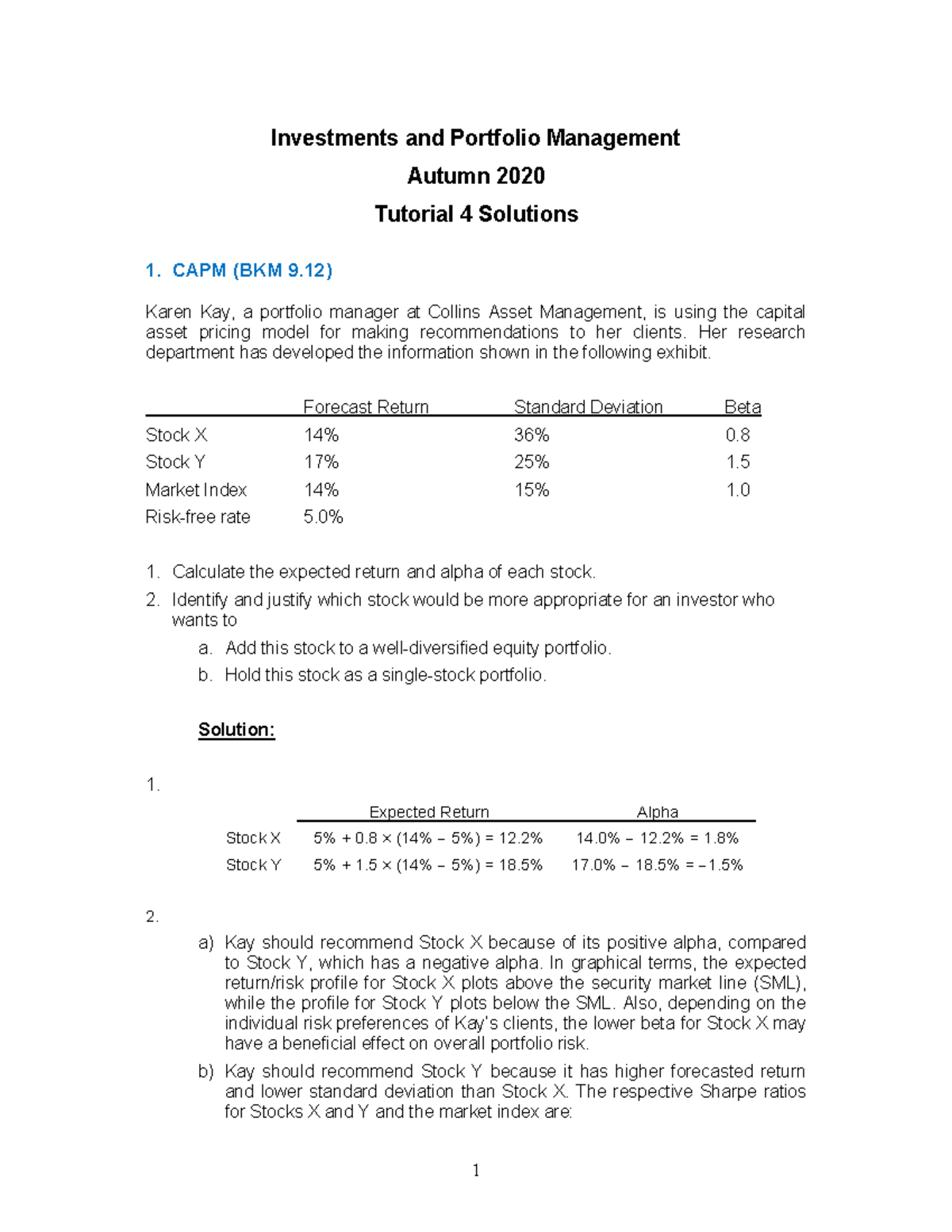 IPM Tutorial 4 Solutions Investments and Portfolio Management