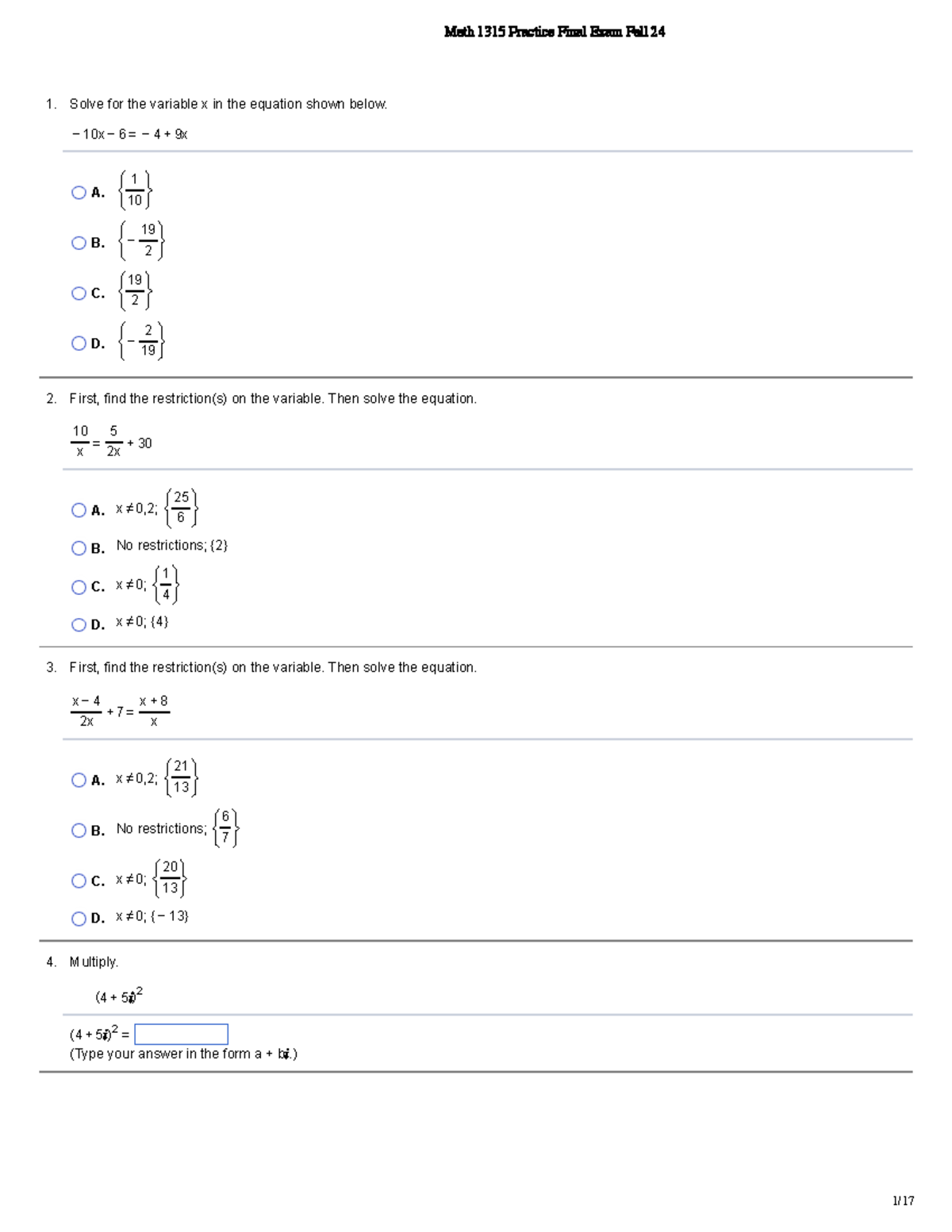 Math 1315 Practice Final Exam Fall 24 - 1. 2. 3. 4. Solve for the ...