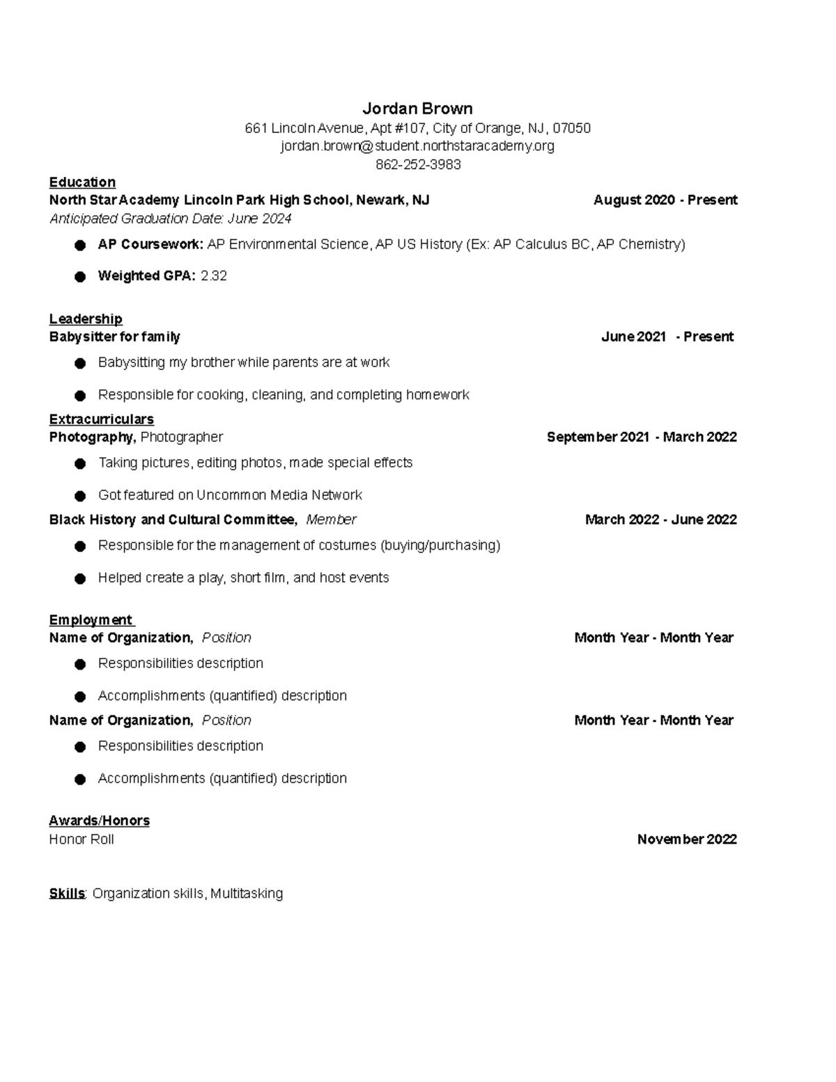 Copy of Jordan Brown - LPHS Class of 2024 Resume Template - Jordan ...