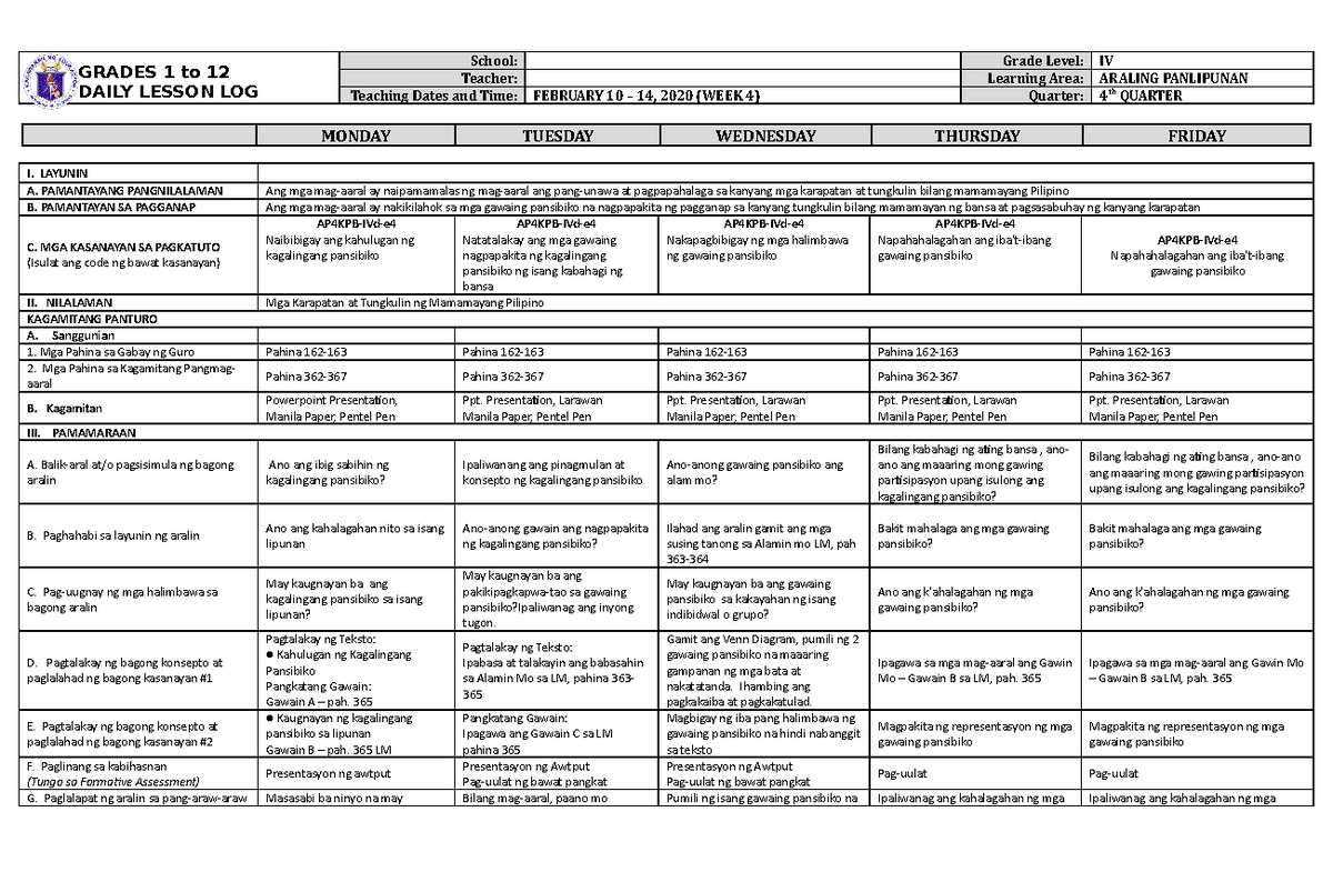 DLL Araling Panlipunan 4 Q4 W4 - GRADES 1 to 12 DAILY LESSON LOG School ...