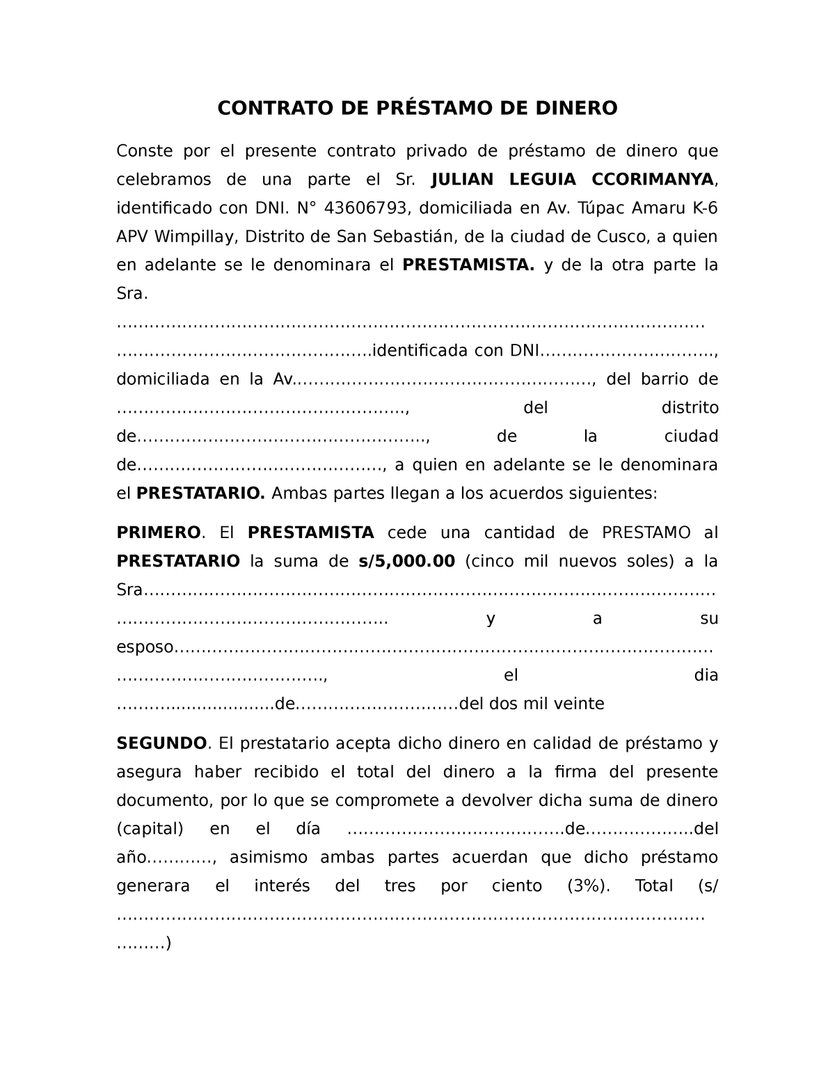 Contrato De Préstamo De Dinero Contrato De PrÉstamo De Dinero Conste Por El Presente Contrato 8026