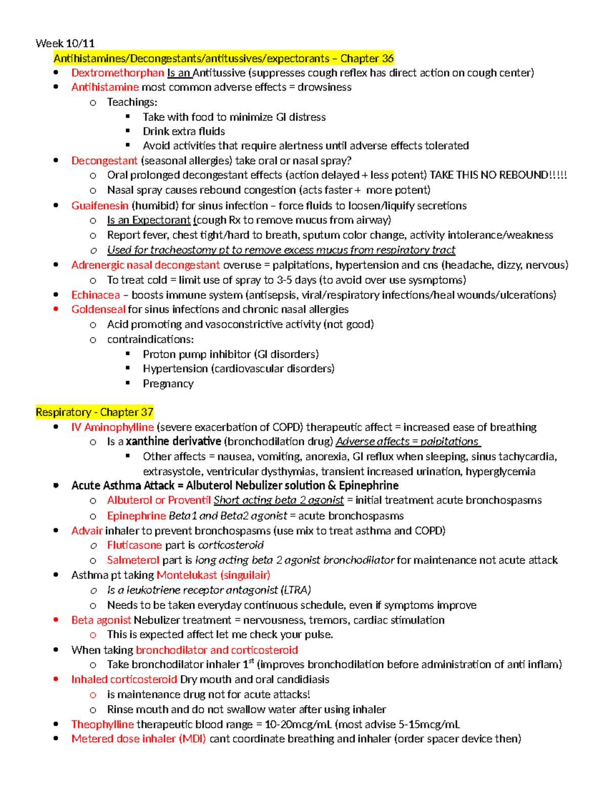 Week 10 - Notes - Week 10/ Antihistamines/Decongestants/antitussives ...