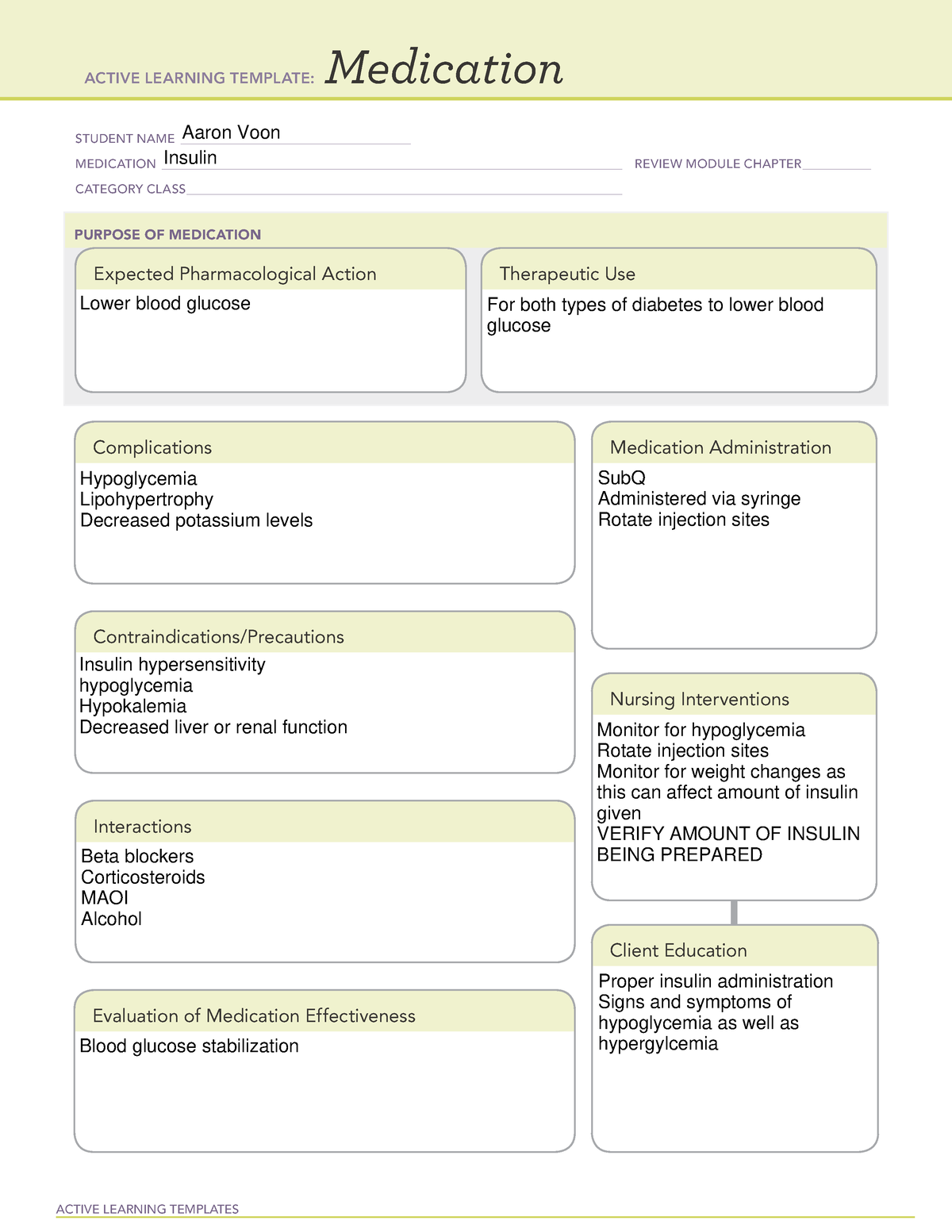 Insulin Medication Template ACTIVE LEARNING TEMPLATES Medication