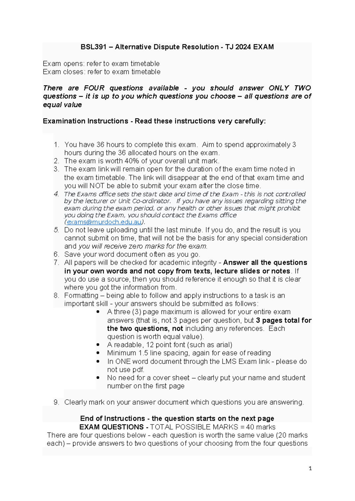 BSL391 Final Exam instructions - BSL391 – Alternative Dispute ...