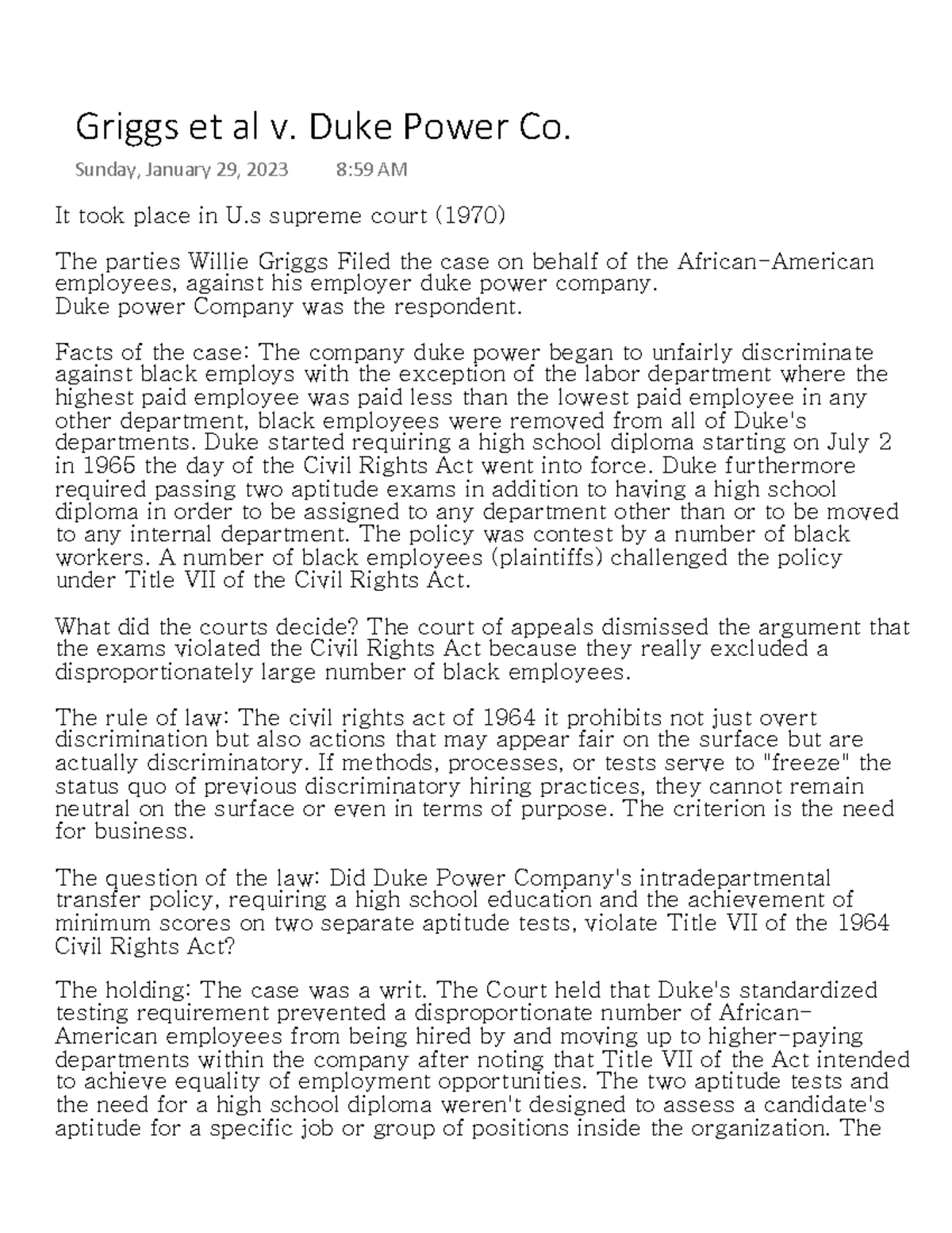 Griggs Et Al V. Duke Power Co - It Took Place In U Supreme Court (1970 ...