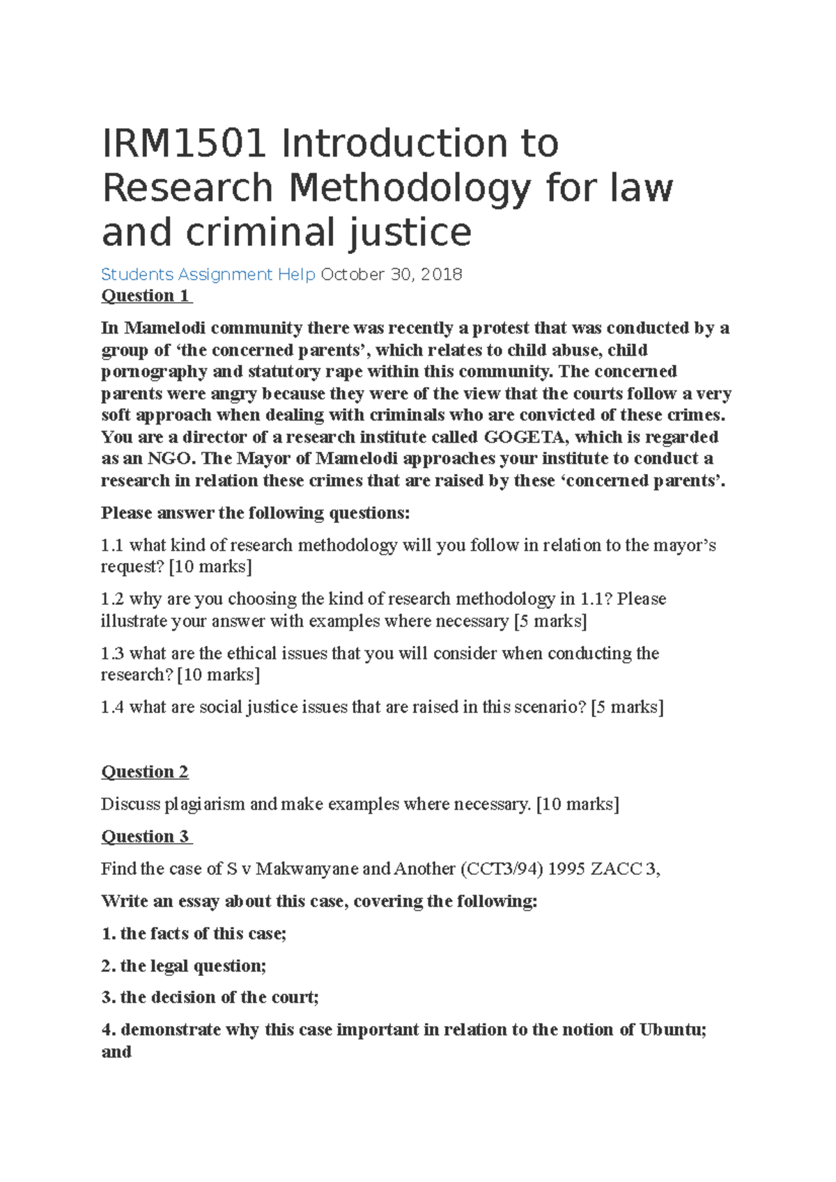 IRM1501 Introduction to Research Methodology for law and criminal ...