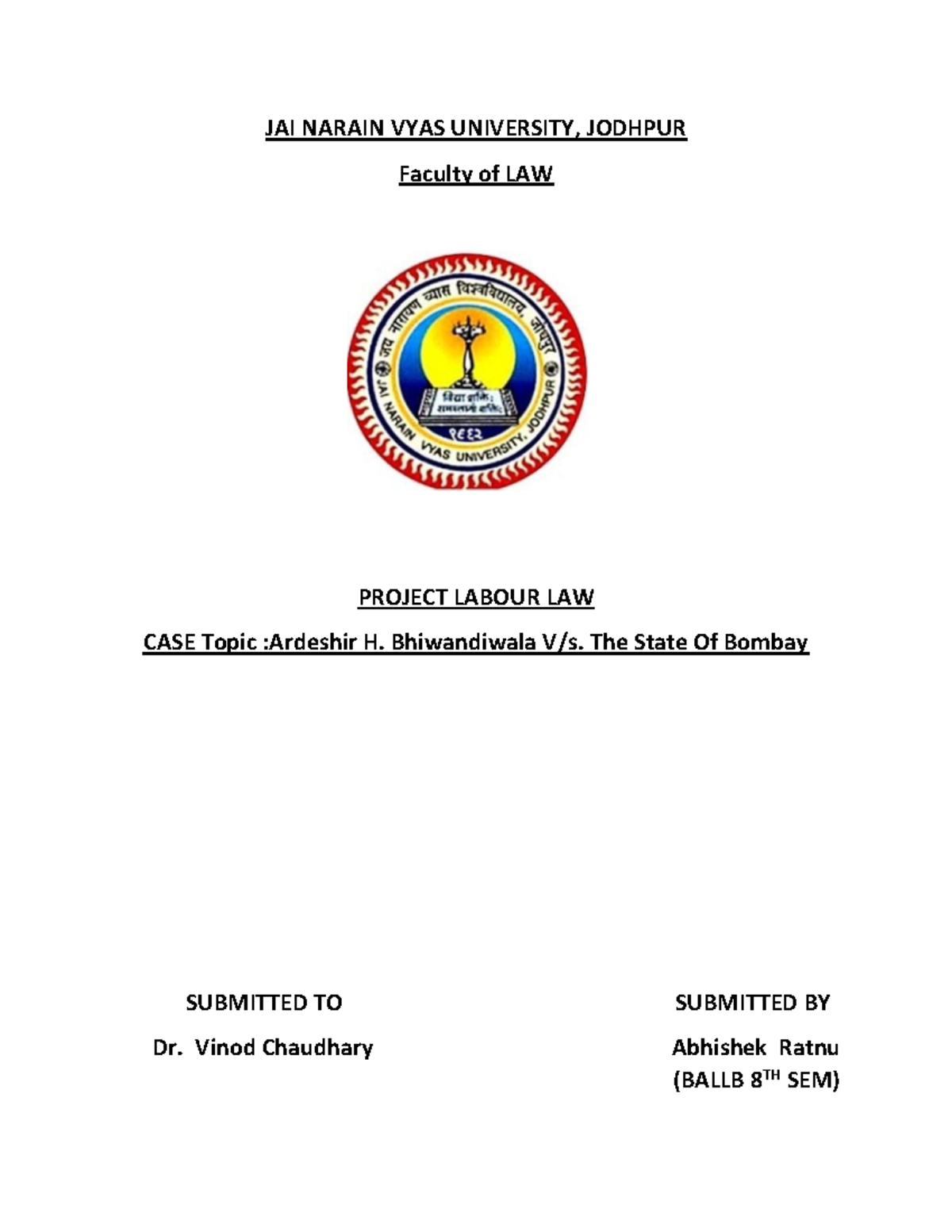 Document - Project - Jai Narain Vyas University, Jodhpur Faculty Of Law 