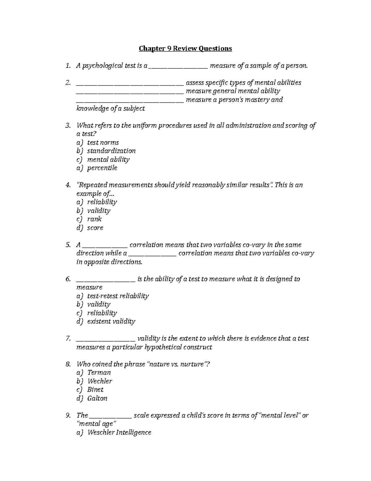 Chapter 9 Review Questions - Chapter 9 Review Questions A Psychological ...