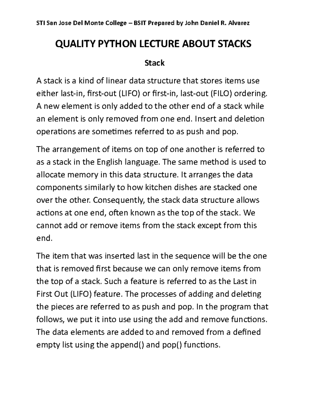 Quality Python Lecture about Stacks - QUALITY PYTHON LECTURE ABOUT ...
