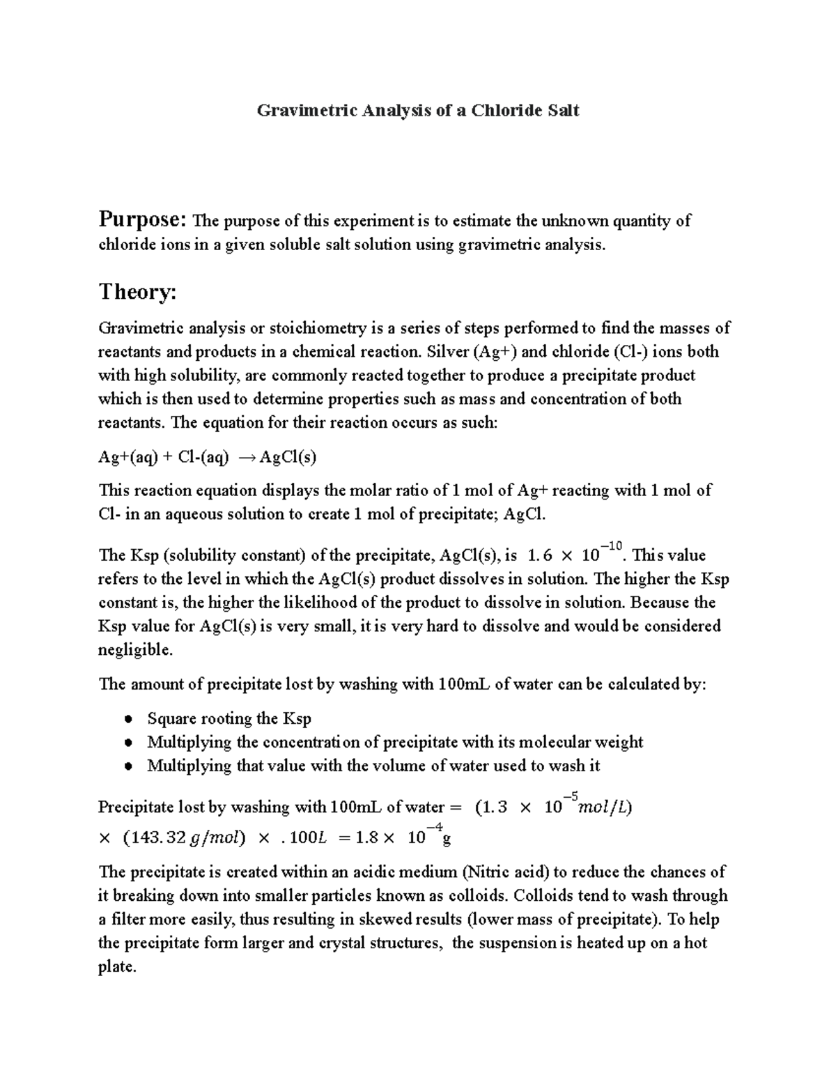 G formal report - Gravimetric Analysis of a Chloride Salt Purpose: The ...