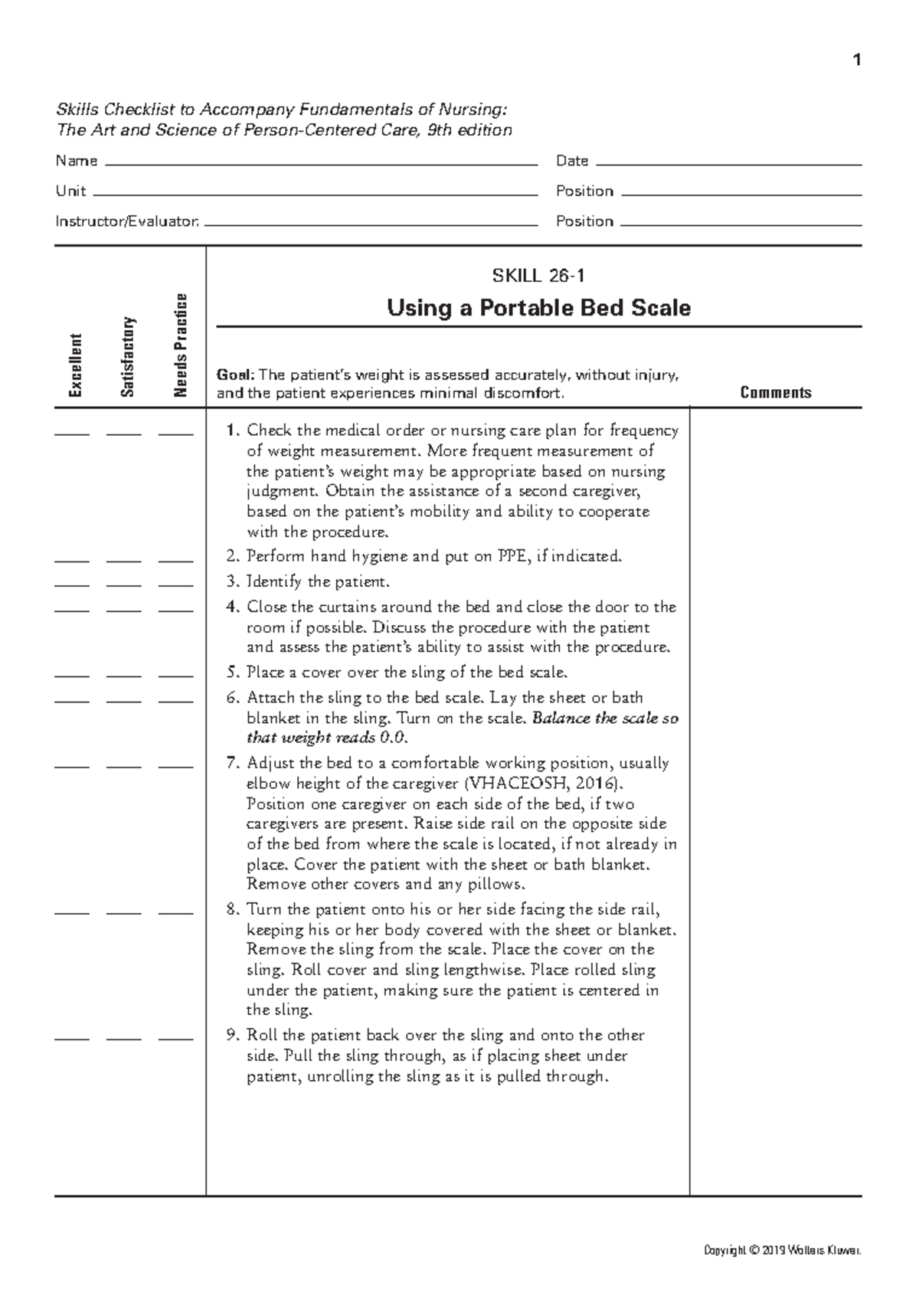 Ch 26 Bed Scale Nursing skills checklist 1