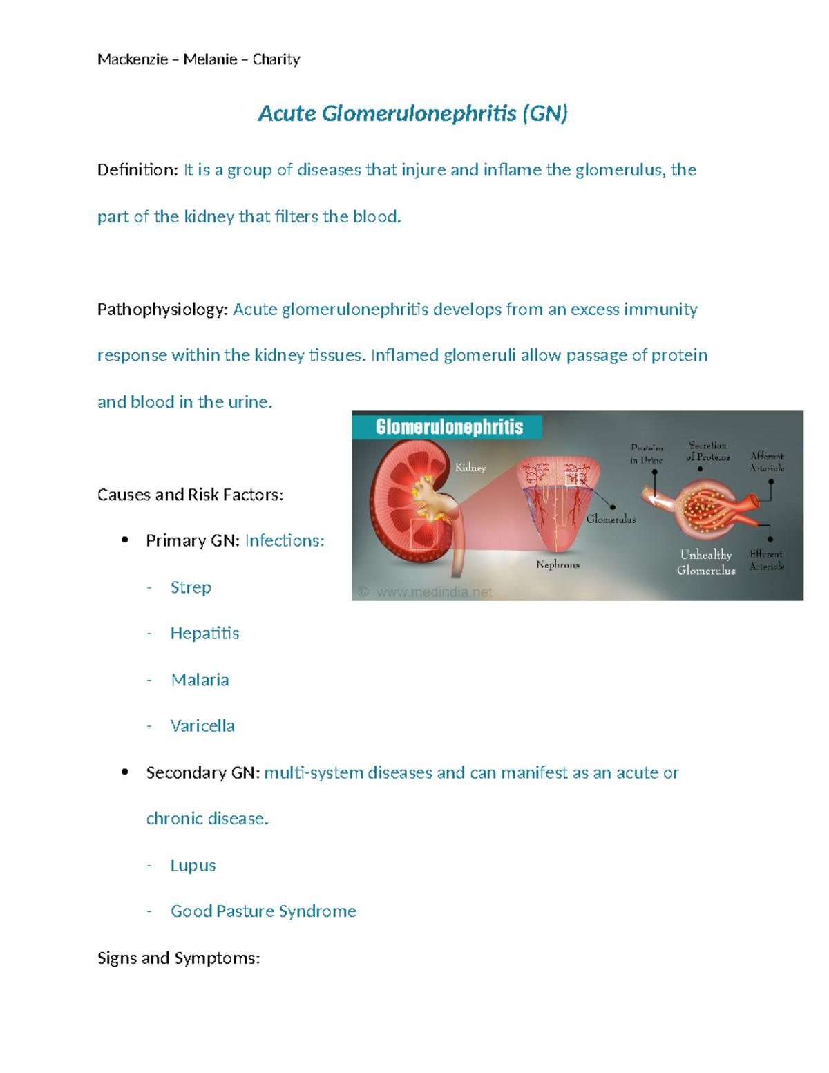 Glomerulonephritis - help study - Mackenzie – Melanie – Charity Acute ...