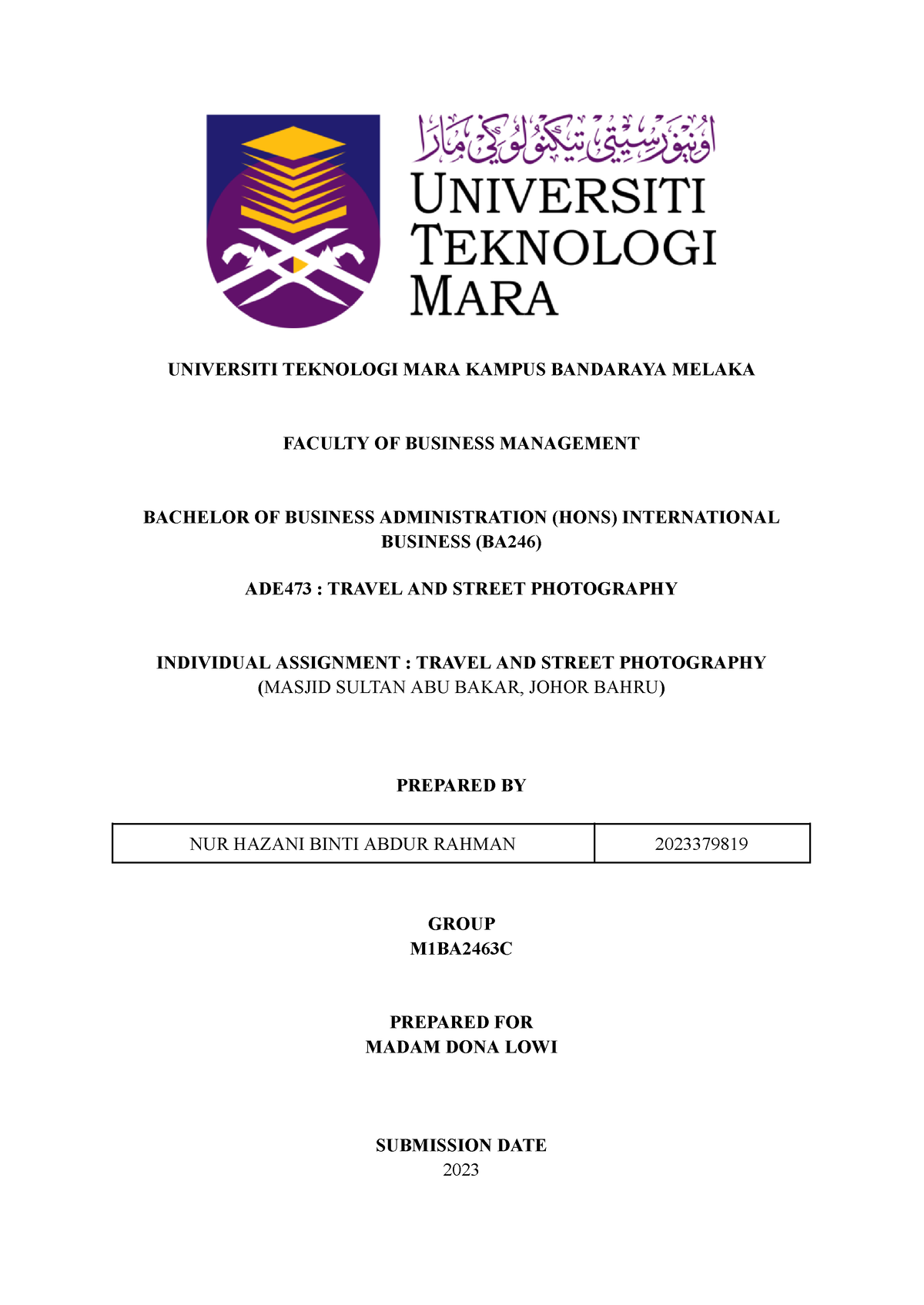 ADE473 Proposal NUR Hazani Binti Abdur Rahman 2023379819 - UNIVERSITI ...