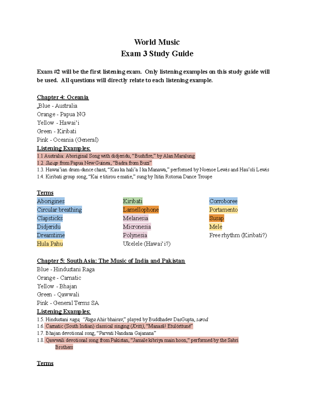 Exam 3 Study Guide World Music with Fashun World Music Exam 3 Study