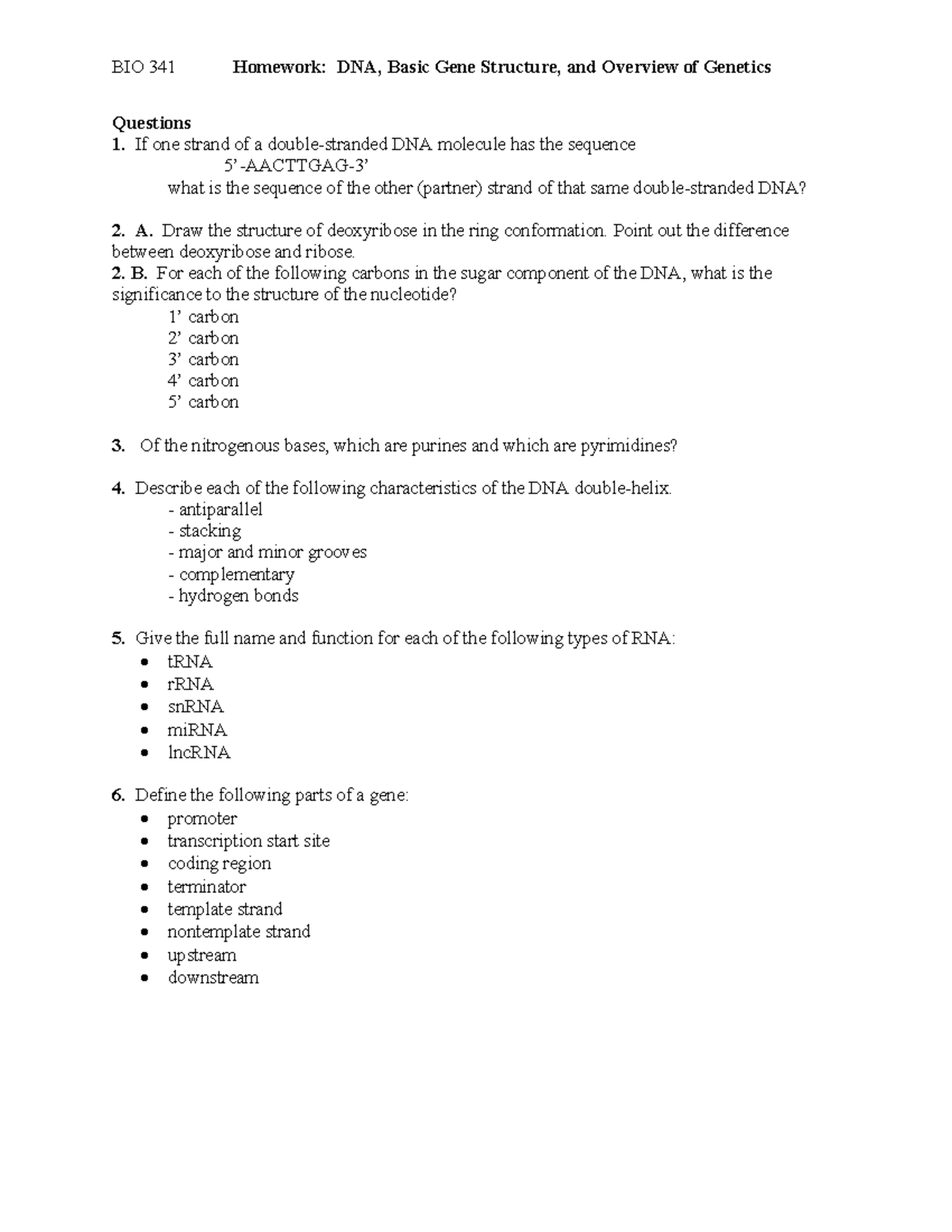 Homework 1 Dna, Basic Gene Structure, and Overview Of Genetics - BIO ...