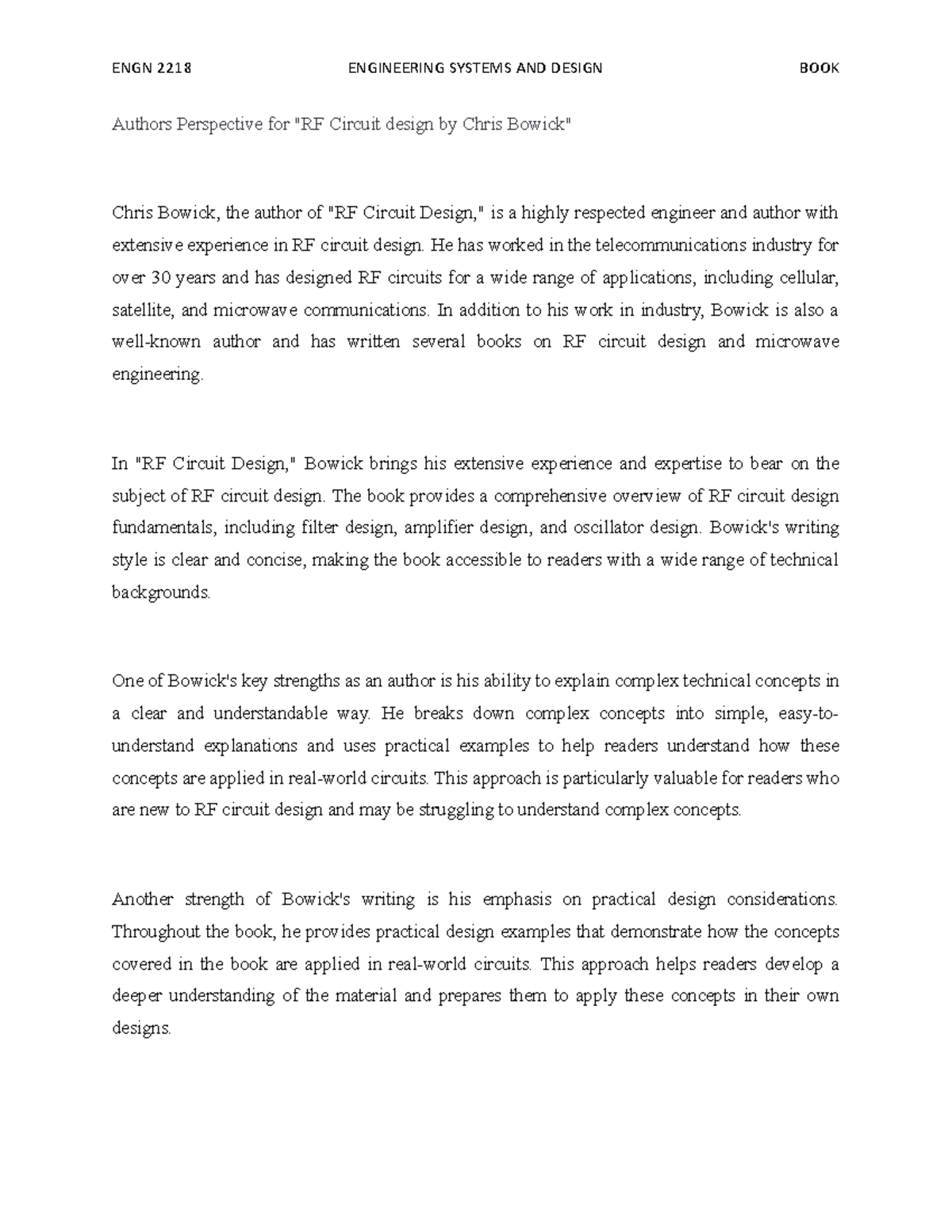 Authors Perspective for RF Circuit design by Chris Bowick Authors