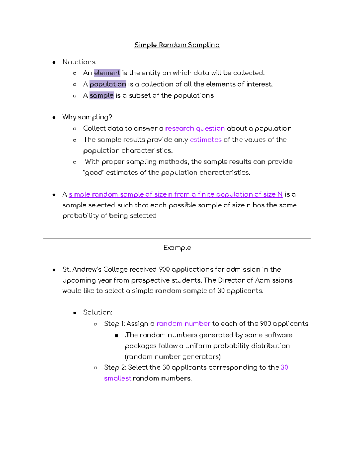 Simple Random Sampling - A population is a collection of all the ...