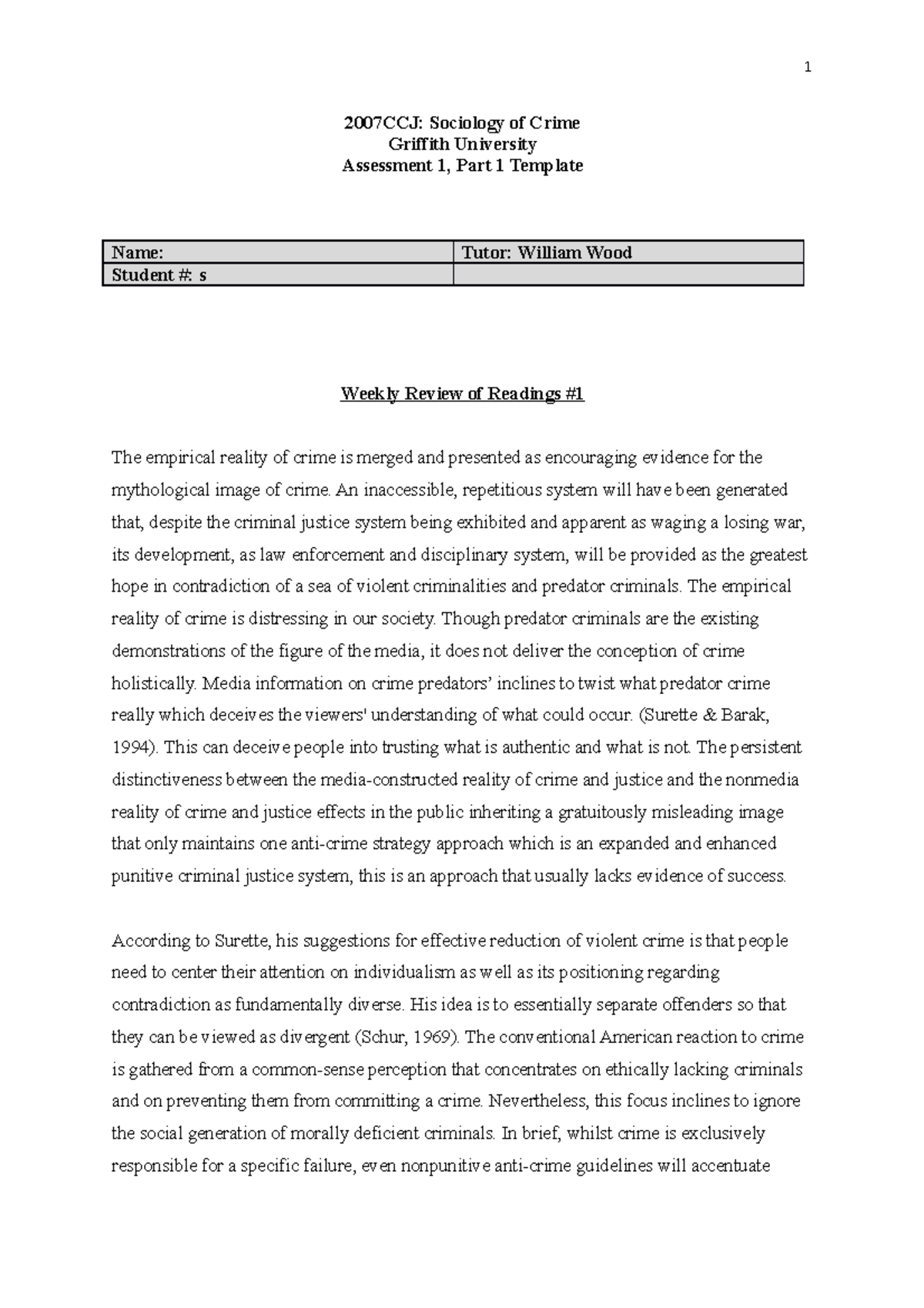 Part 1. Weekly Review Qs - 2007CCJ: Sociology of Crime Griffith ...