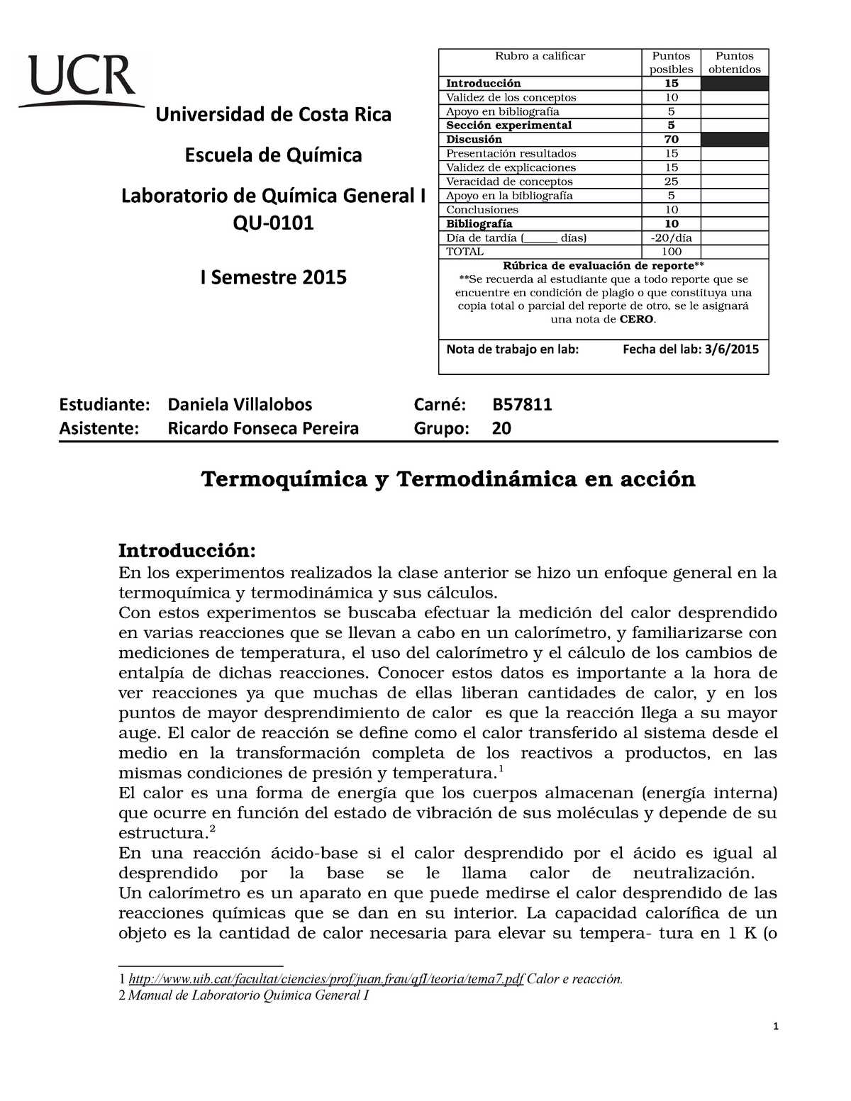 Informe Termoquimica Quimicageneral Studocu