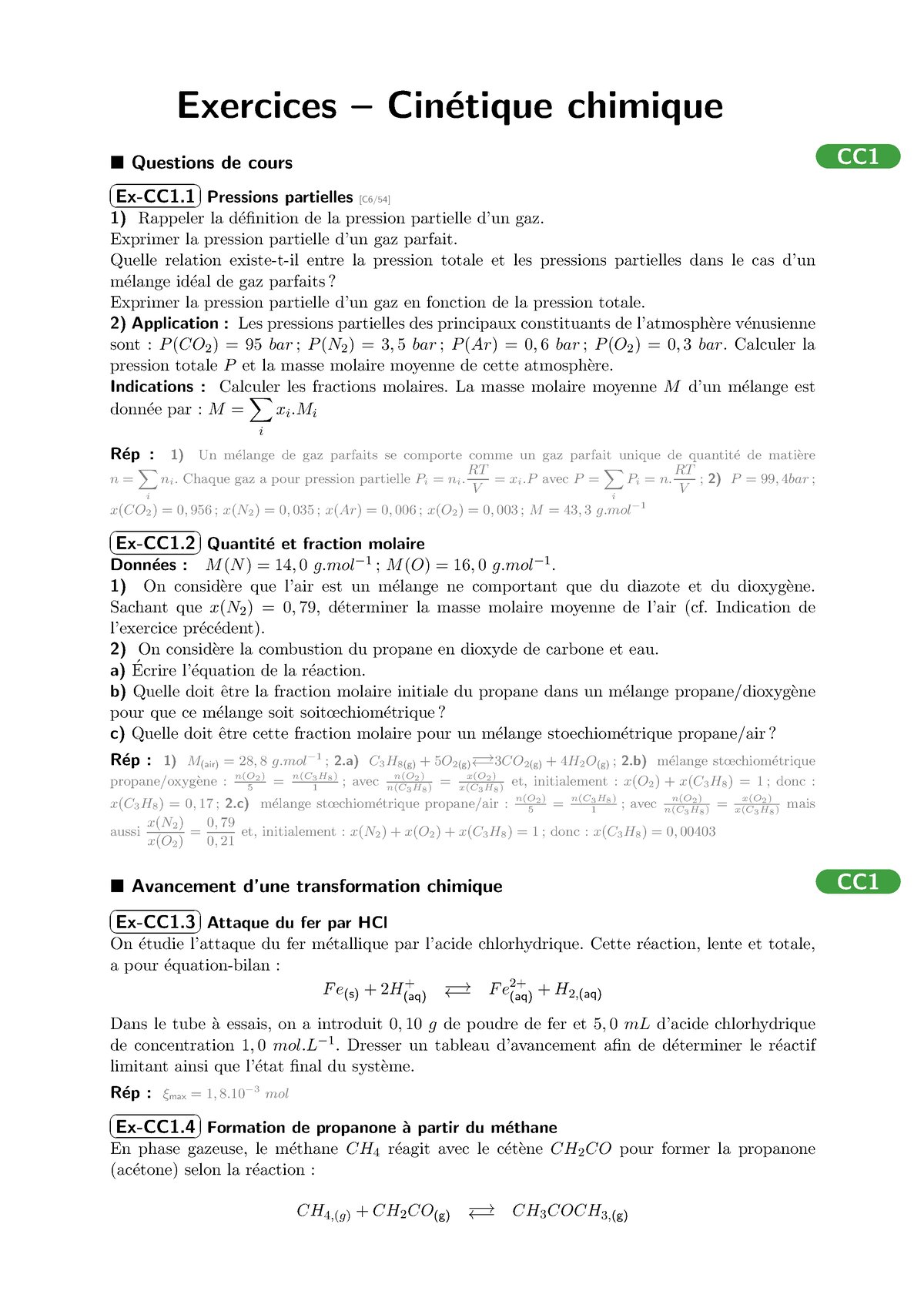 Exercices Cin Tique Chimique Exercices Cin Etique Chimique Questions De Cours Cc Studocu