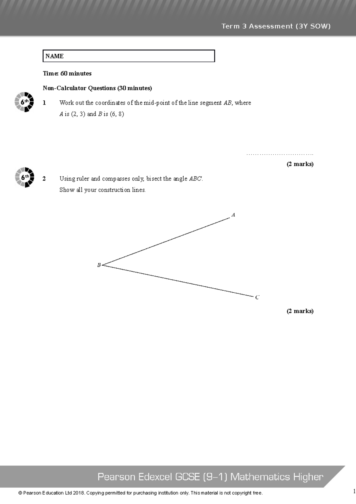 Gcsemaths a h 3y tt 03 t v2 name time 60 minutes non calculator