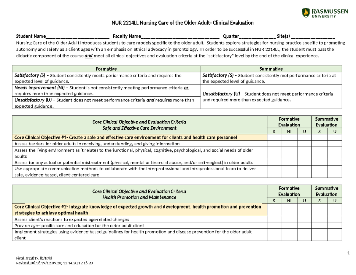 NUR2214LL Nursing Care of the Older Adult Clinical Evaluation - Student ...