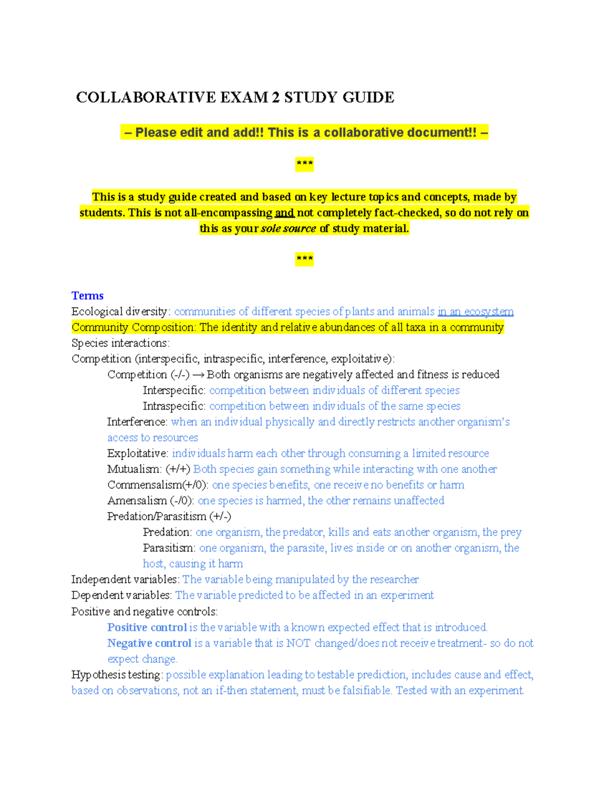 Exam 2 – Terms and Concepts - COLLABORATIVE EXAM 2 STUDY GUIDE Please ...