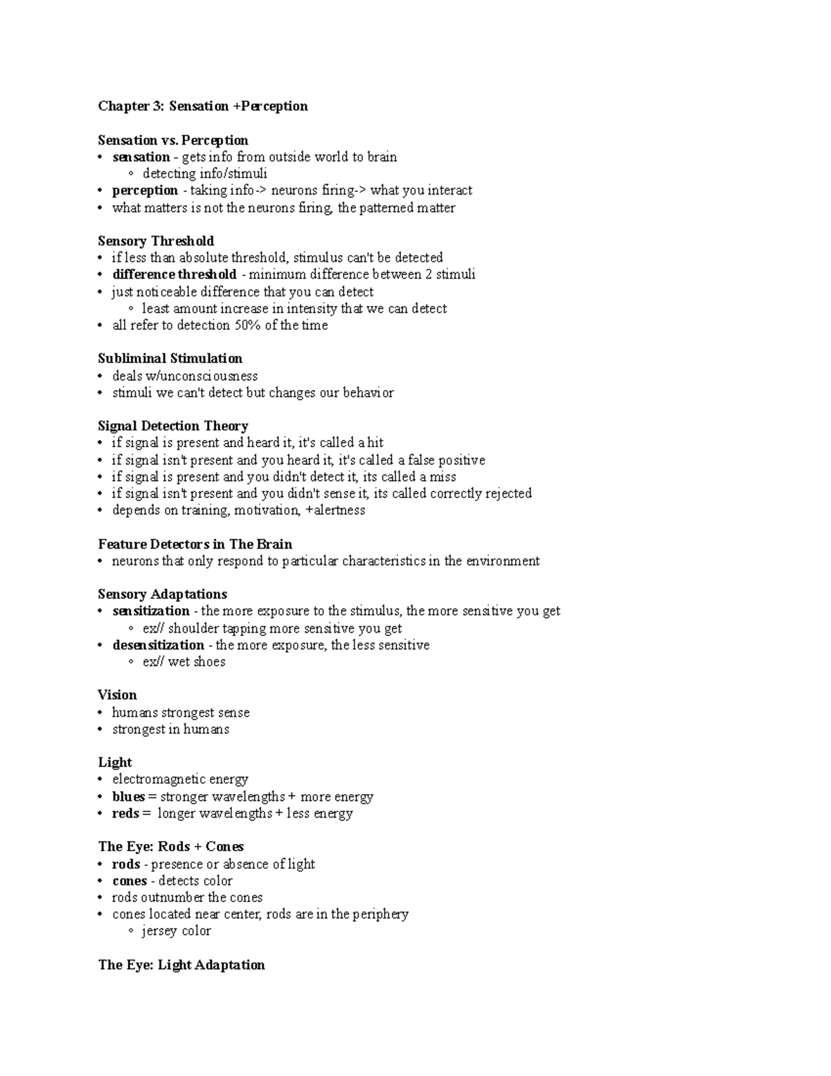 CH3 - Lecture notes Chapter 3 - Chapter 3: Sensation Sensation vs ...