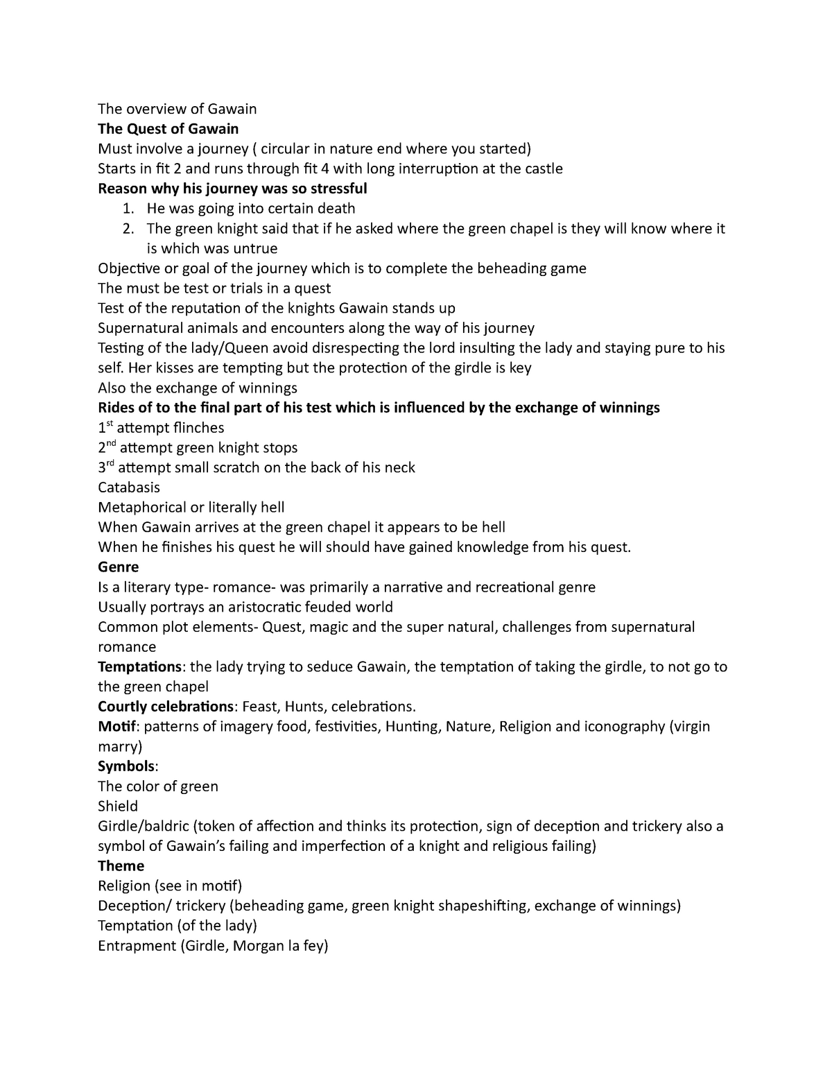 The overview of Gawain - He was going into certain death 2. The green ...