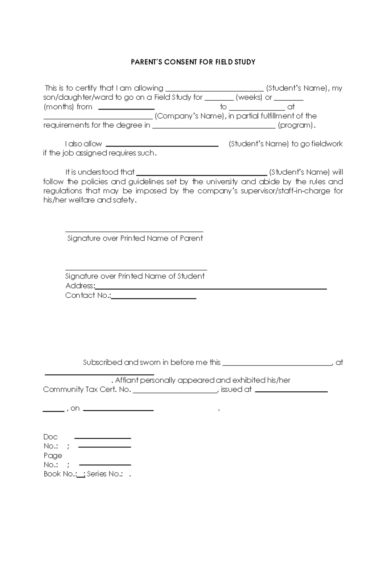 Parents Consent FOR Field Study pdf - PARENT’S CONSENT FOR FIELD STUDY ...