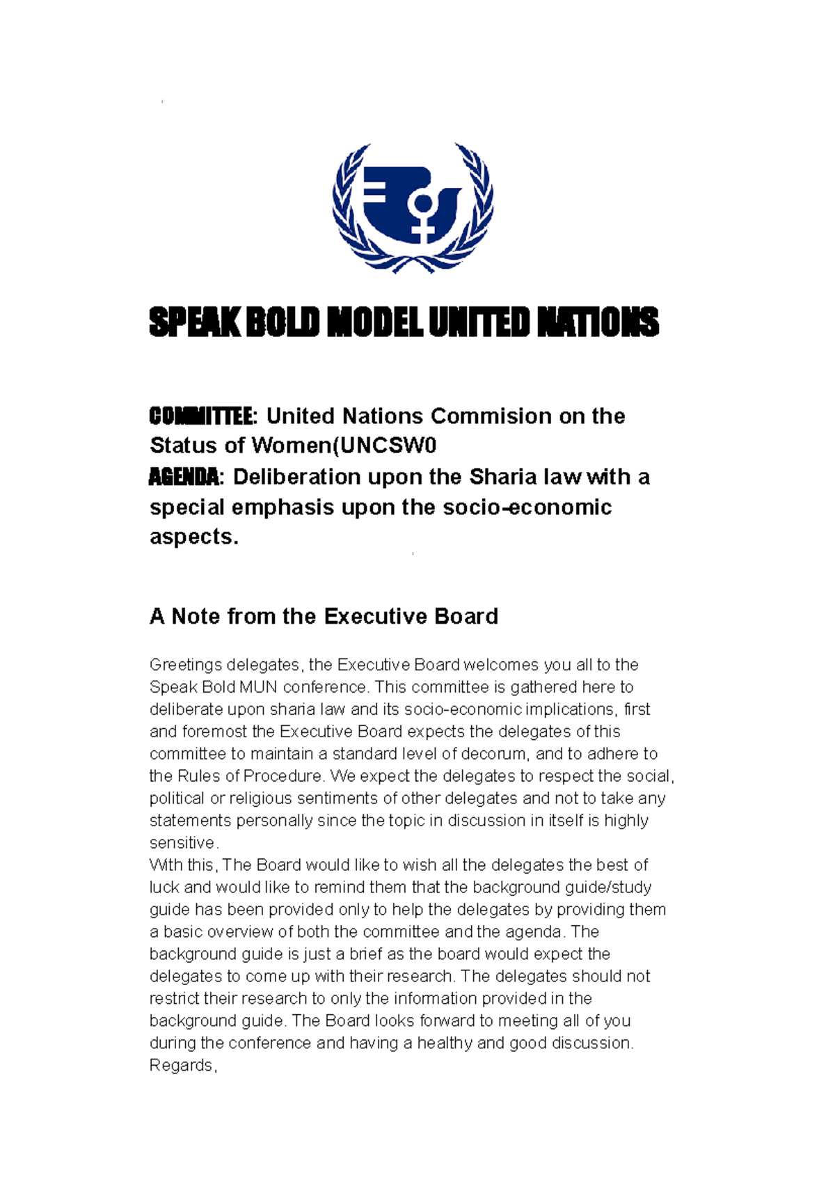 Uncsw study guide SPEAK BOLD MODEL UNITED NATIONS COMMITTEE United