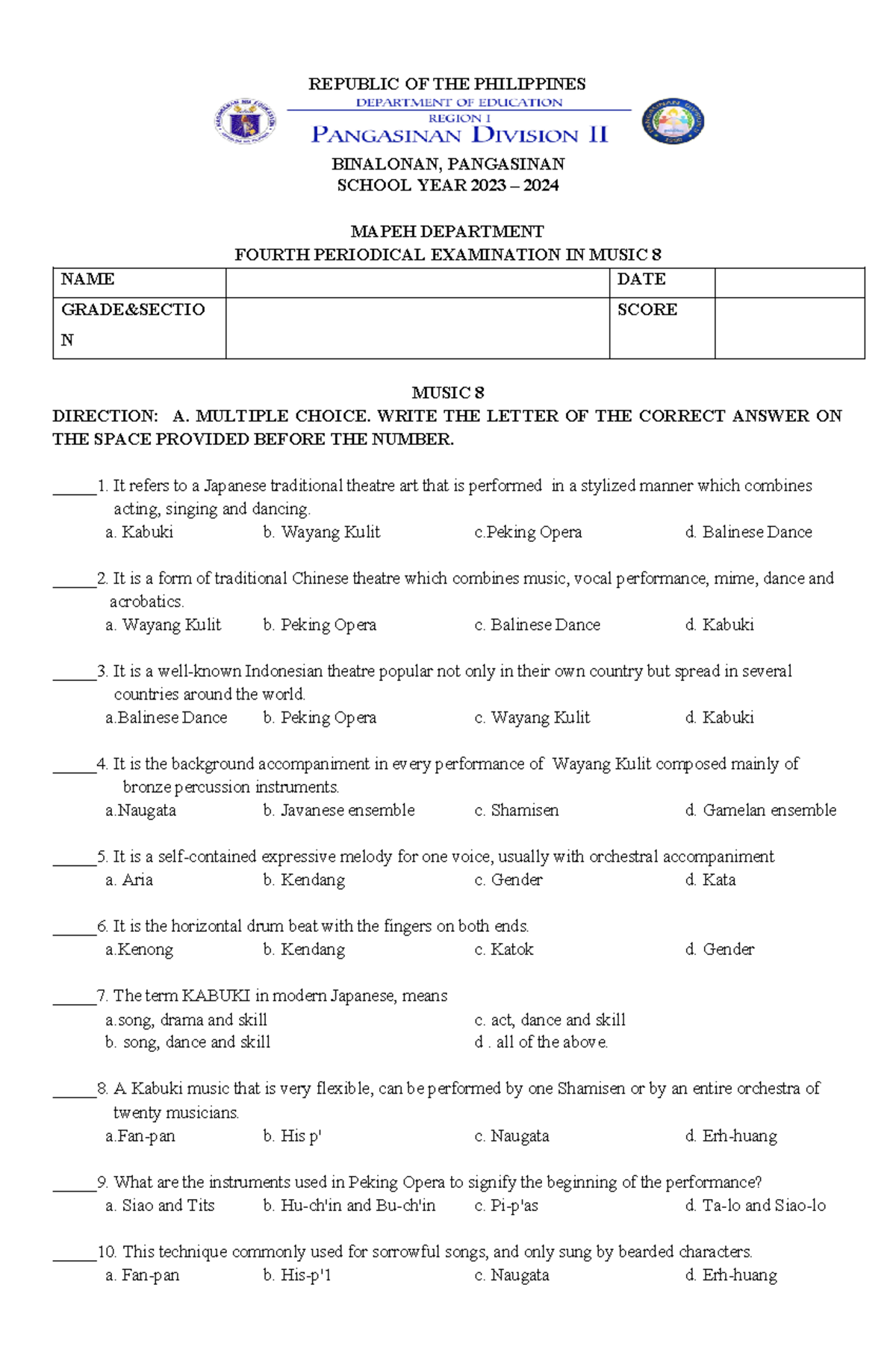 Mapeh 8 EXAM 4TH - Exam - REPUBLIC OF THE PHILIPPINES BINALONAN ...