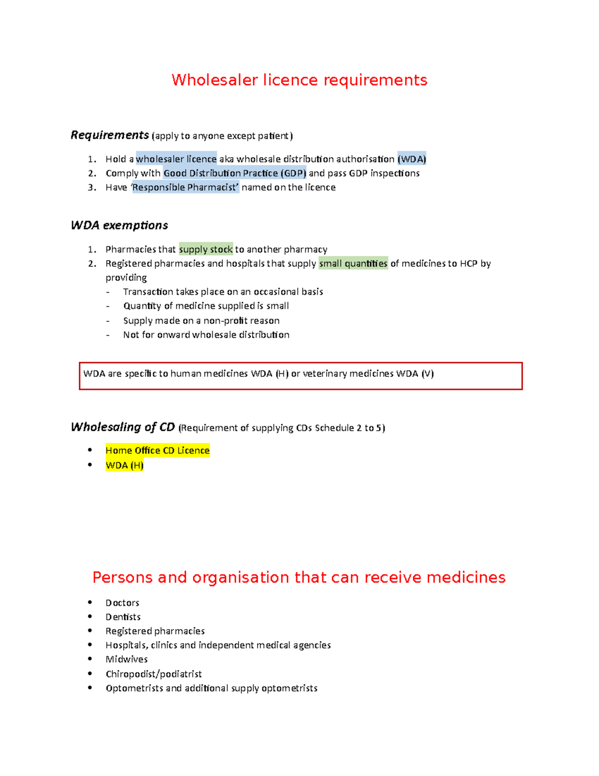 3.4 Wholesaling Wholesaler licence requirements Requirements (apply to anyone except patient
