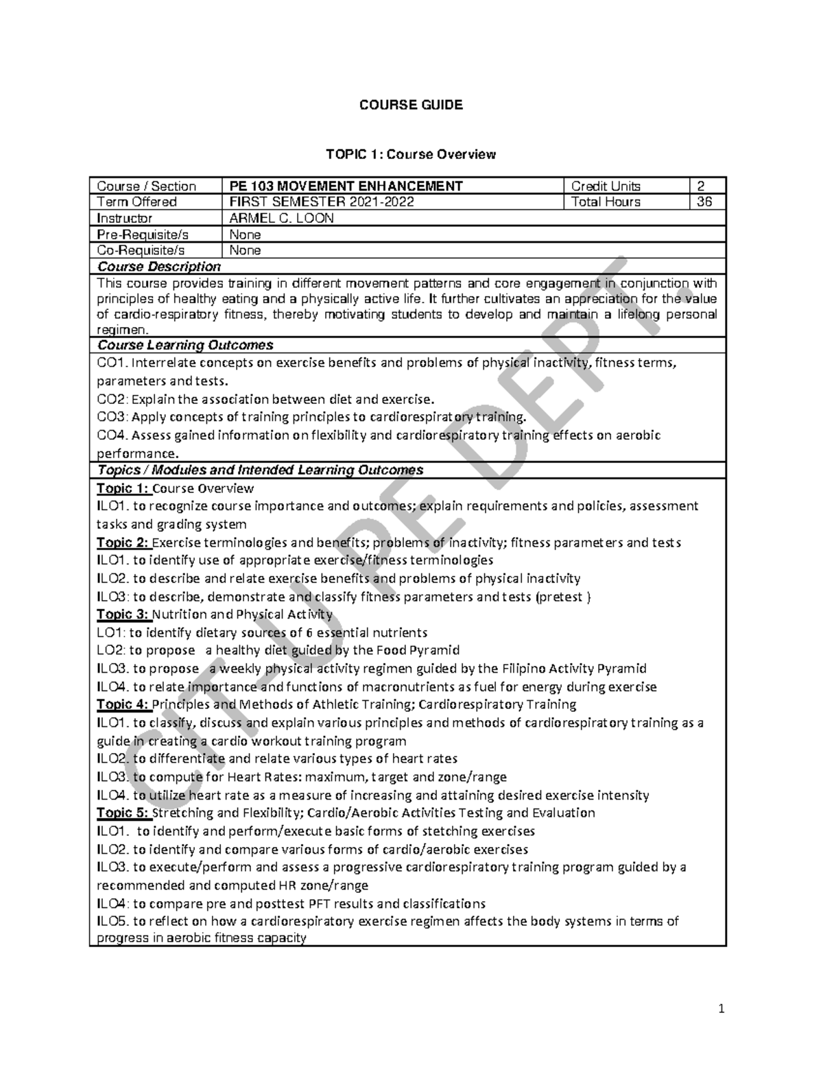 Pe 103 Course Guide And Module Converted 1 - Course Guide Topic 1 