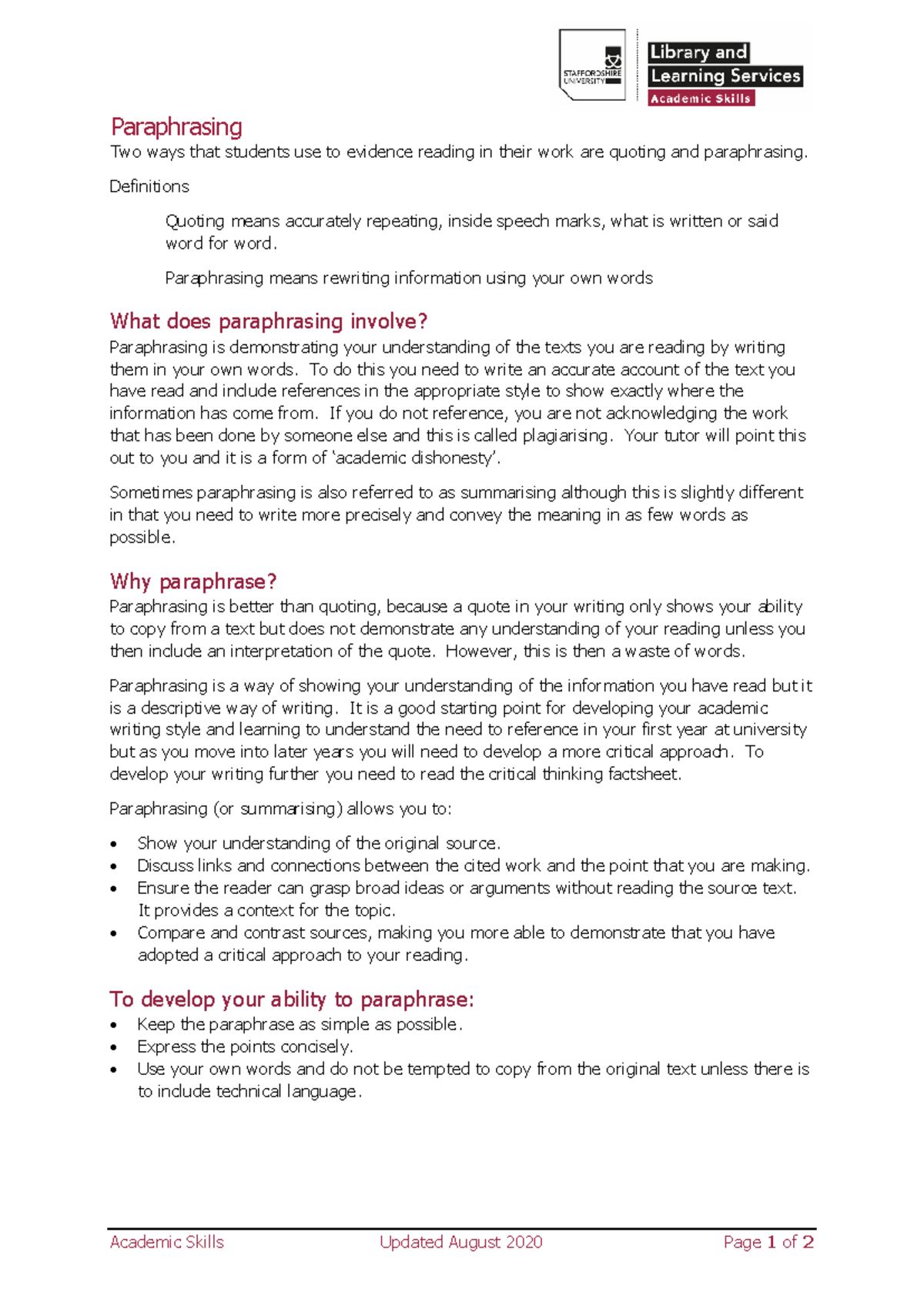 Paraphrasing 2020 - Academic writing APA - Academic Skills Updated ...
