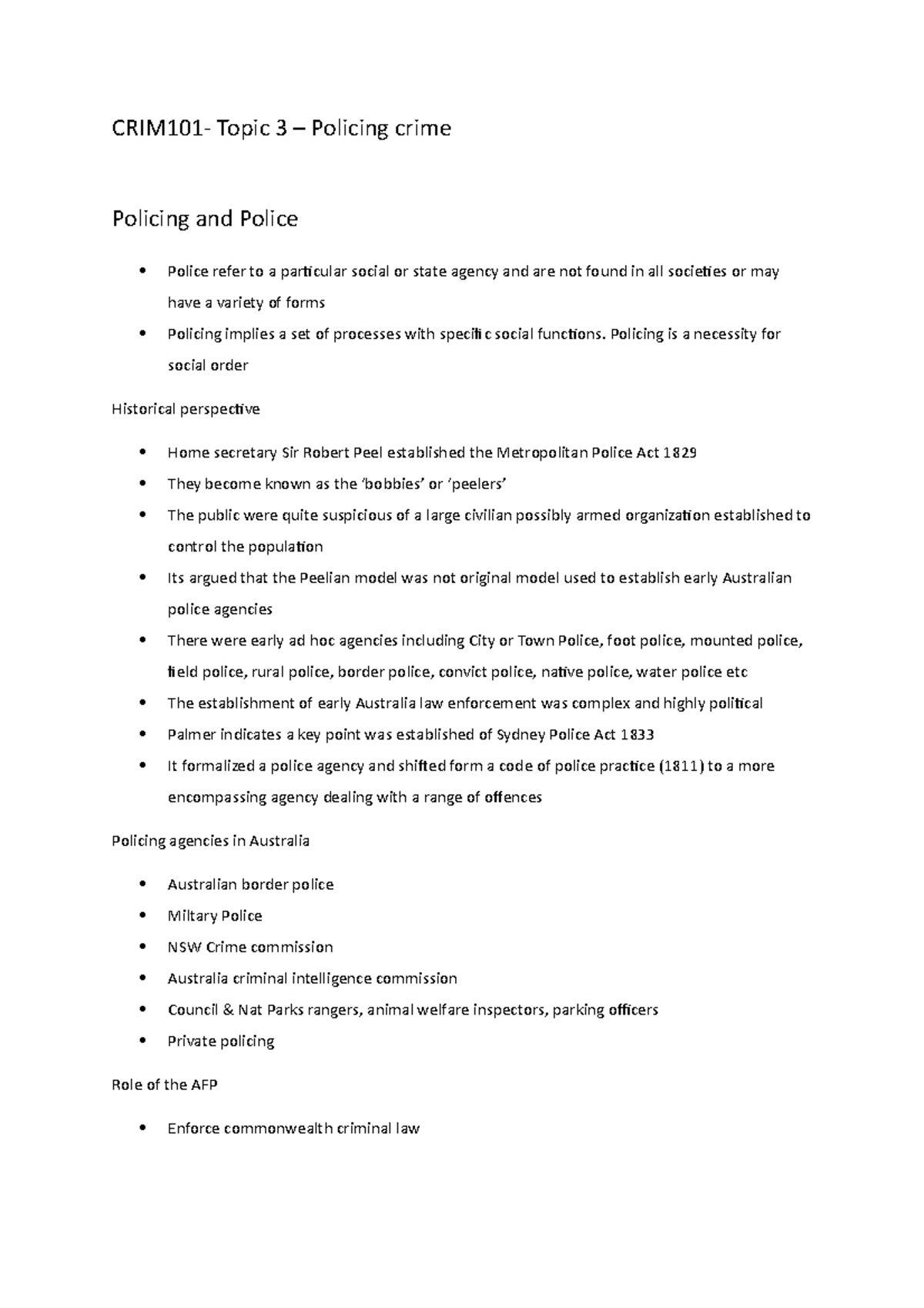 CRIM101- Topic 3 - Policing and Police - CRIM101- Topic 3 – Policing ...