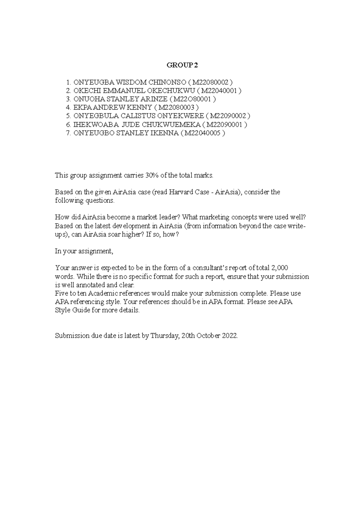 Airasia - Air asia assignment - GROUP 2 1. ONYEUGBA WISDOM CHINONSO ...