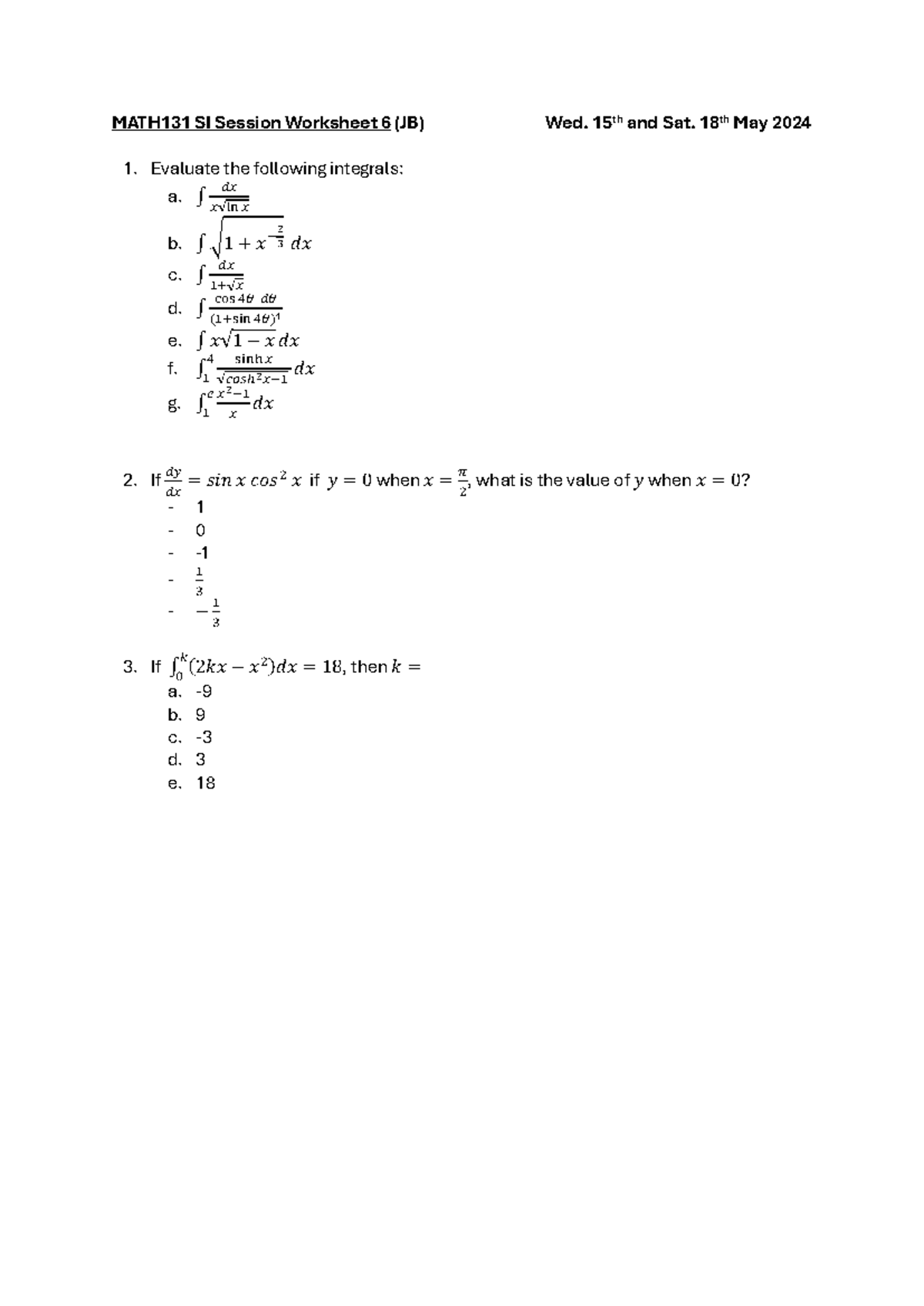 MATH131 SI Session Worksheet 6 (JB) - 15 th and Sat. 1 8 th May 2024 1 ...