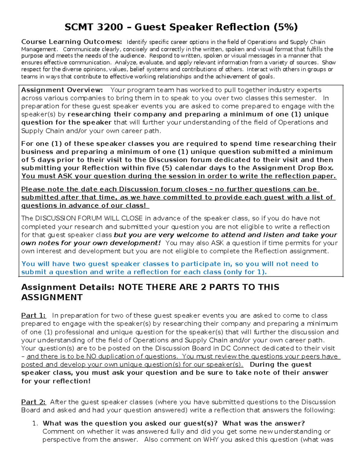 Reflection on Guest Speaker Classes - SCMT 3200 – Guest Speaker ...