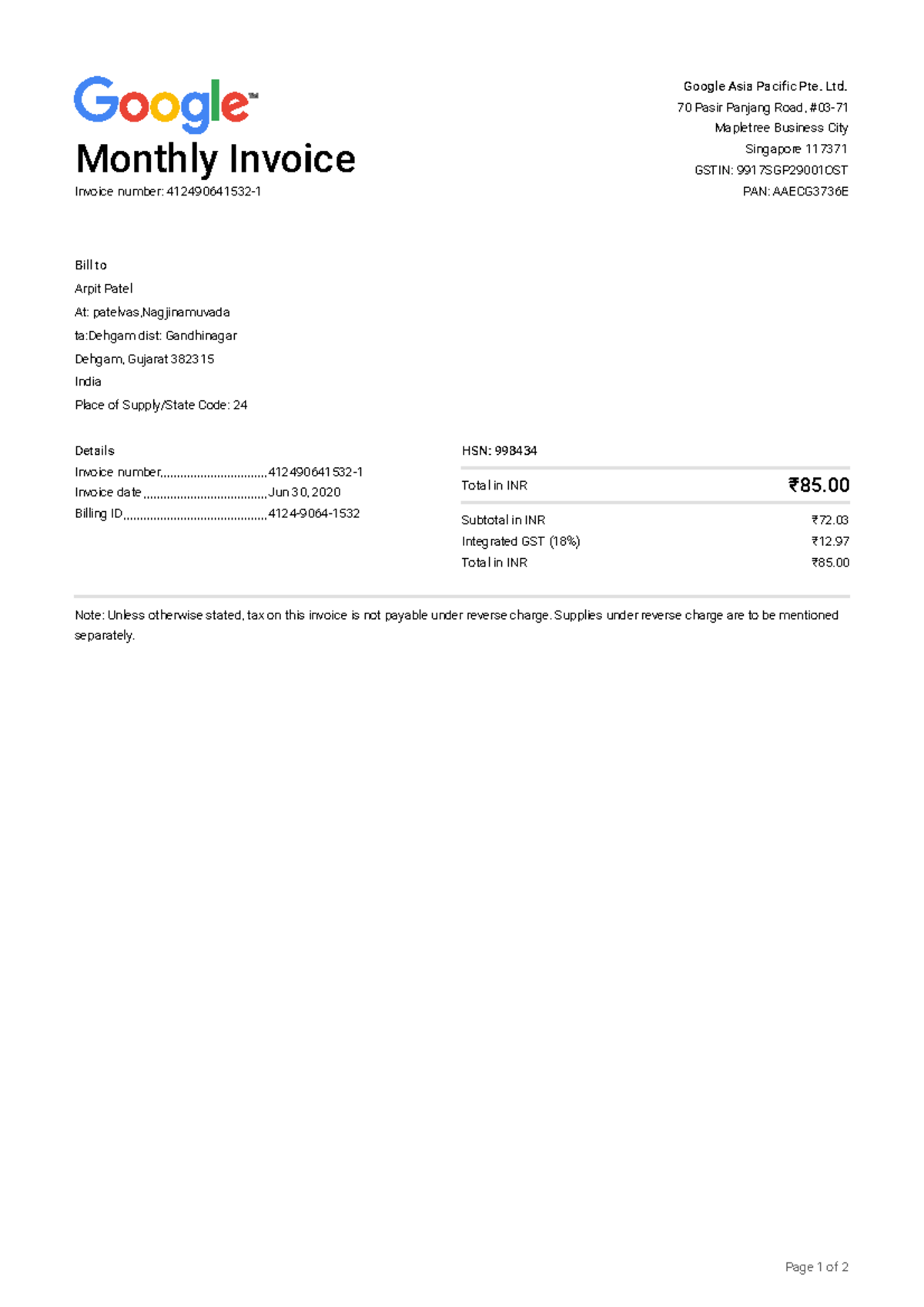 412490641532-1 - Bbv - Monthly Invoice Invoice number: 412490641532 ...