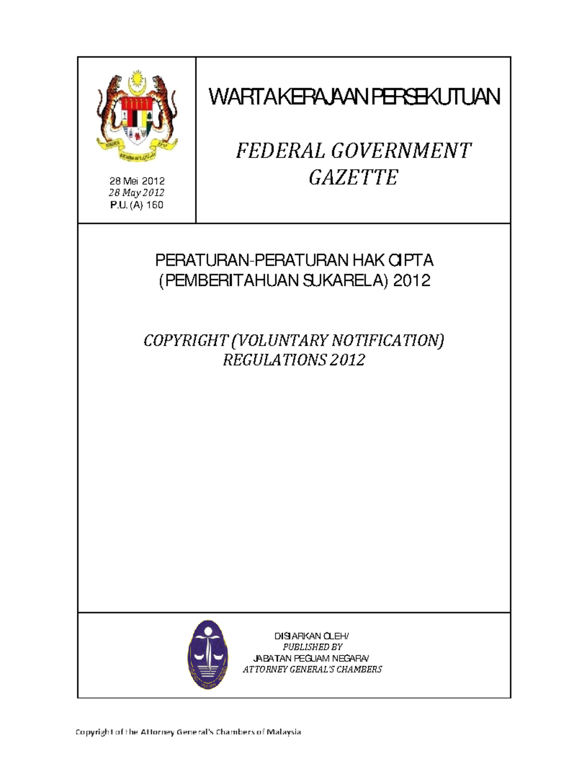 Regulations-notification 2012 - 28 Mei 2012 28 May 2012 P. (A) 160 ...