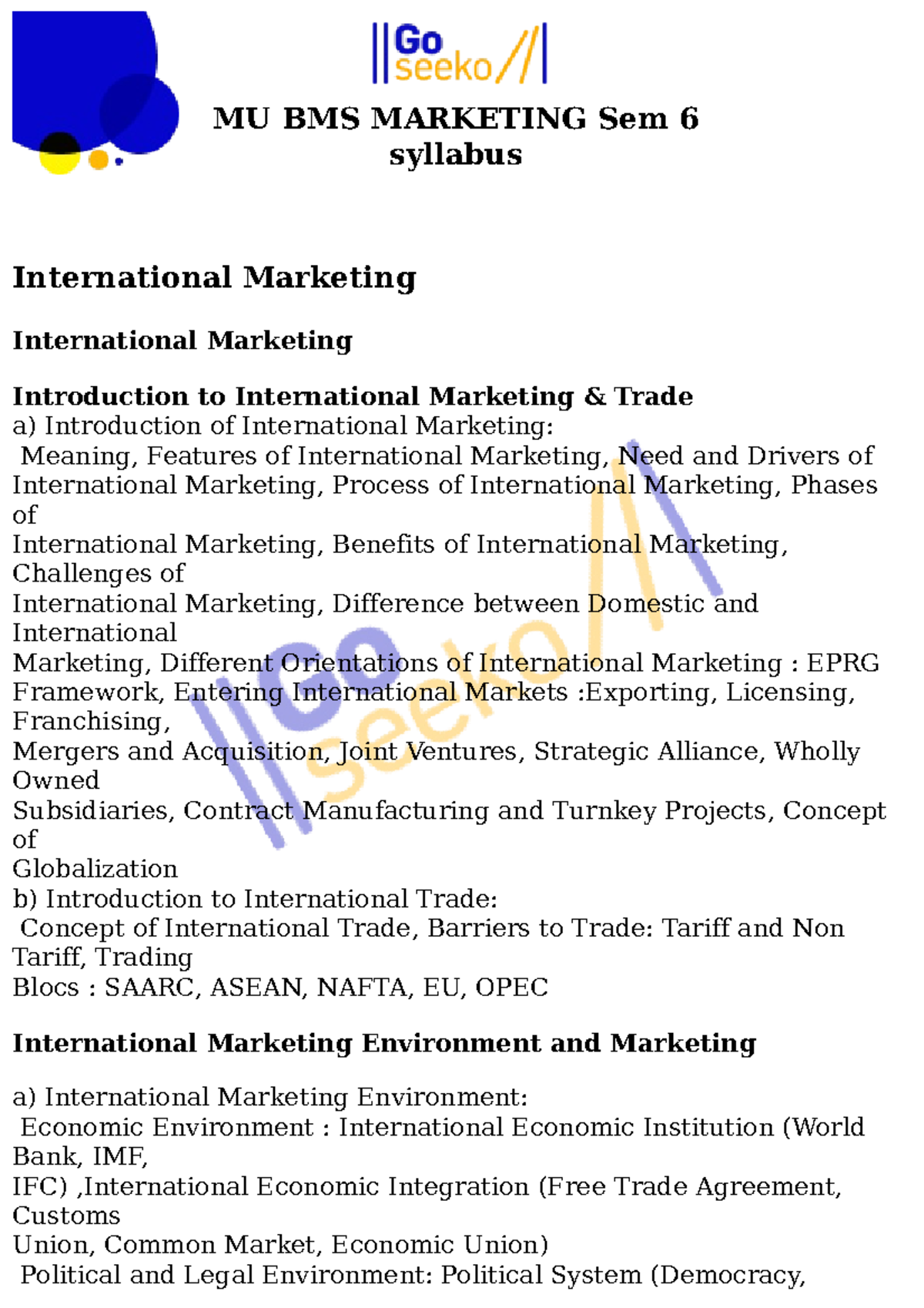Mktg Sem 6 syllabus - MU BMS MARKETING Sem 6 syllabus International ...