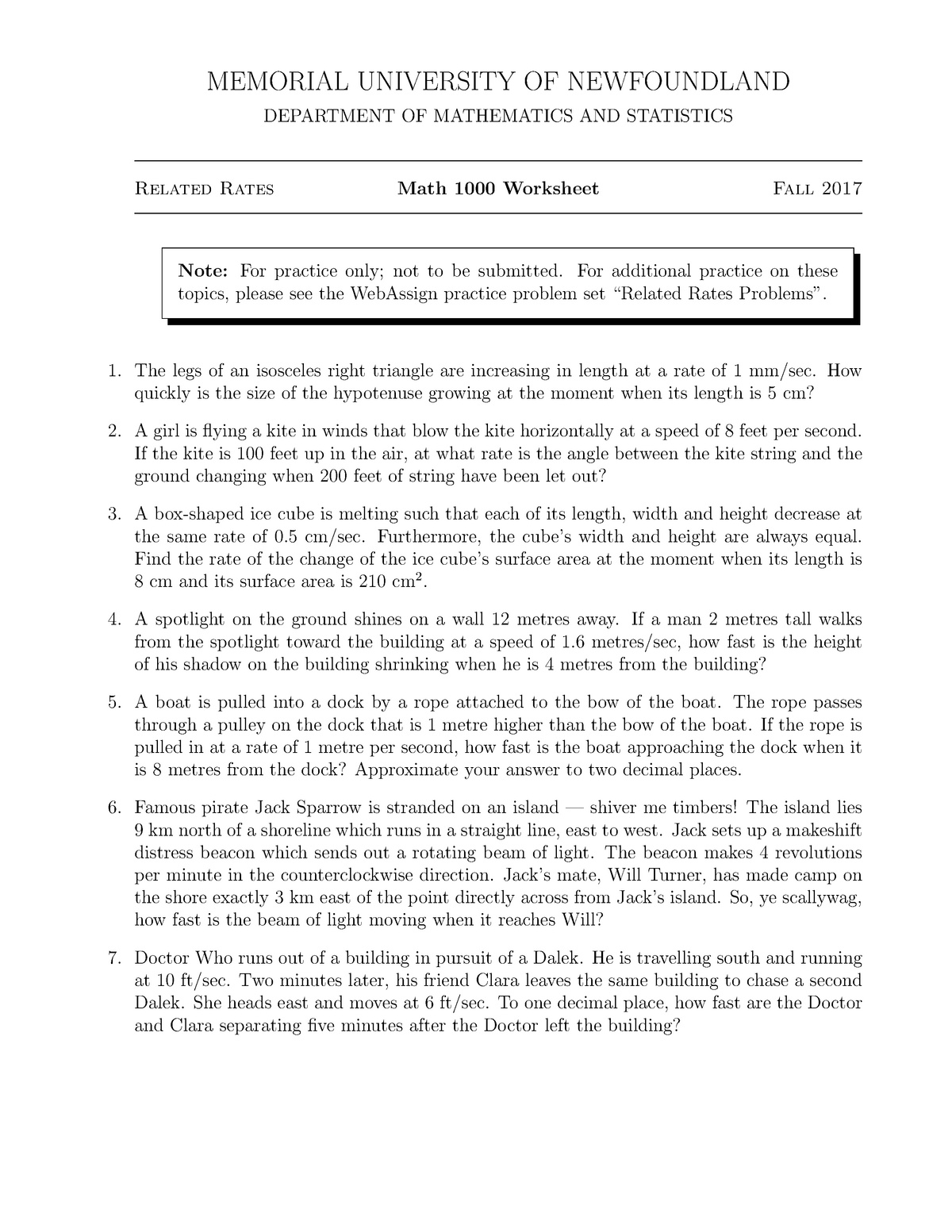 Worksheet on Related Rates Problems MEMORIAL UNIVERSITY OF NEWFOUNDLAND