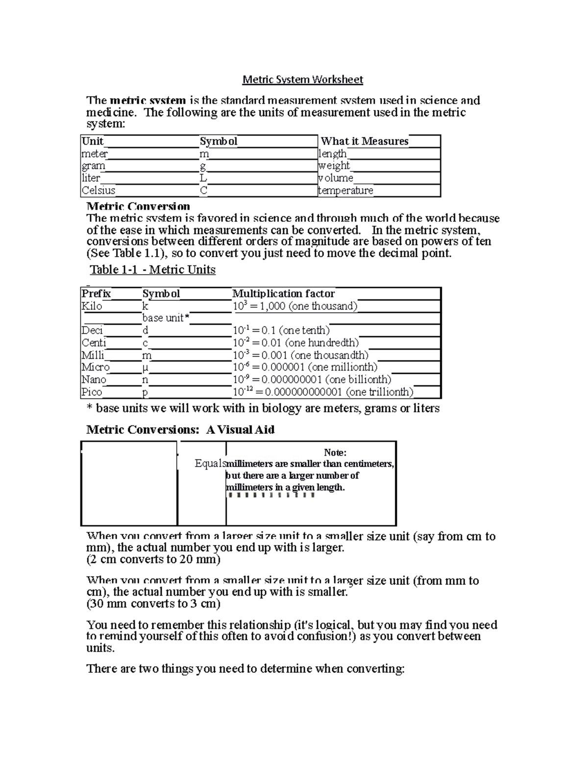 Metric System Worksheet Assignment Metric System Worksheet The metric