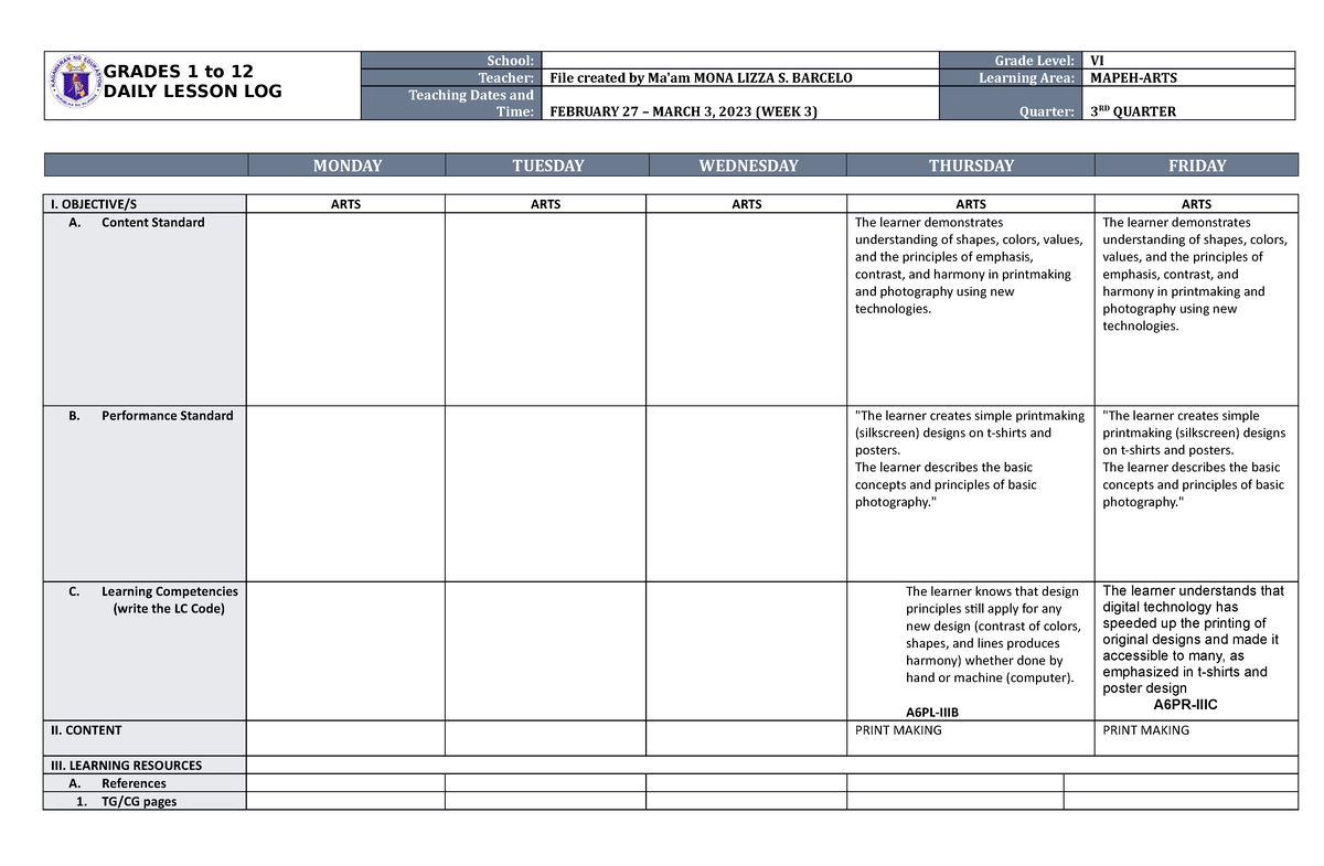 DLL Mapeh-ARTS 6 Q3 W3 - DLL Mapeh-ARTS - GRADES 1 To 12 DAILY LESSON ...