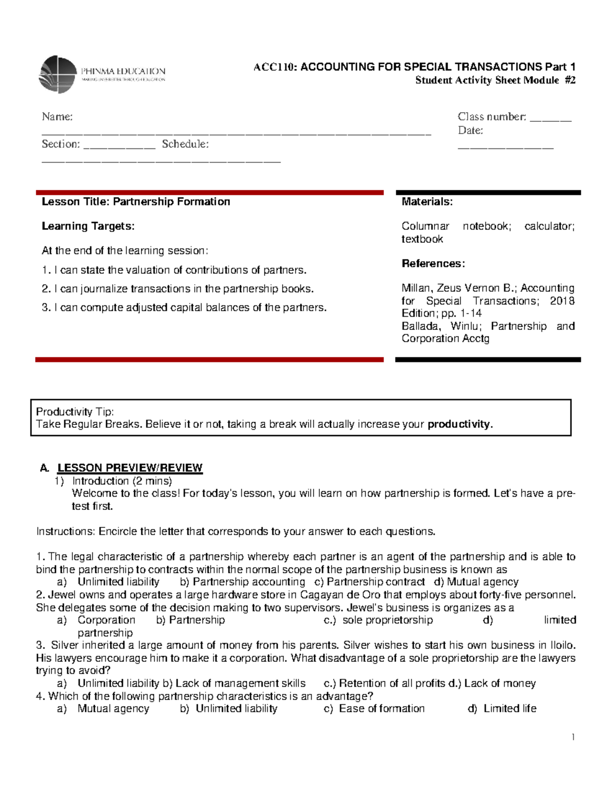 Partnership Formation Notes - Student Activity Sheet Module # Name ...