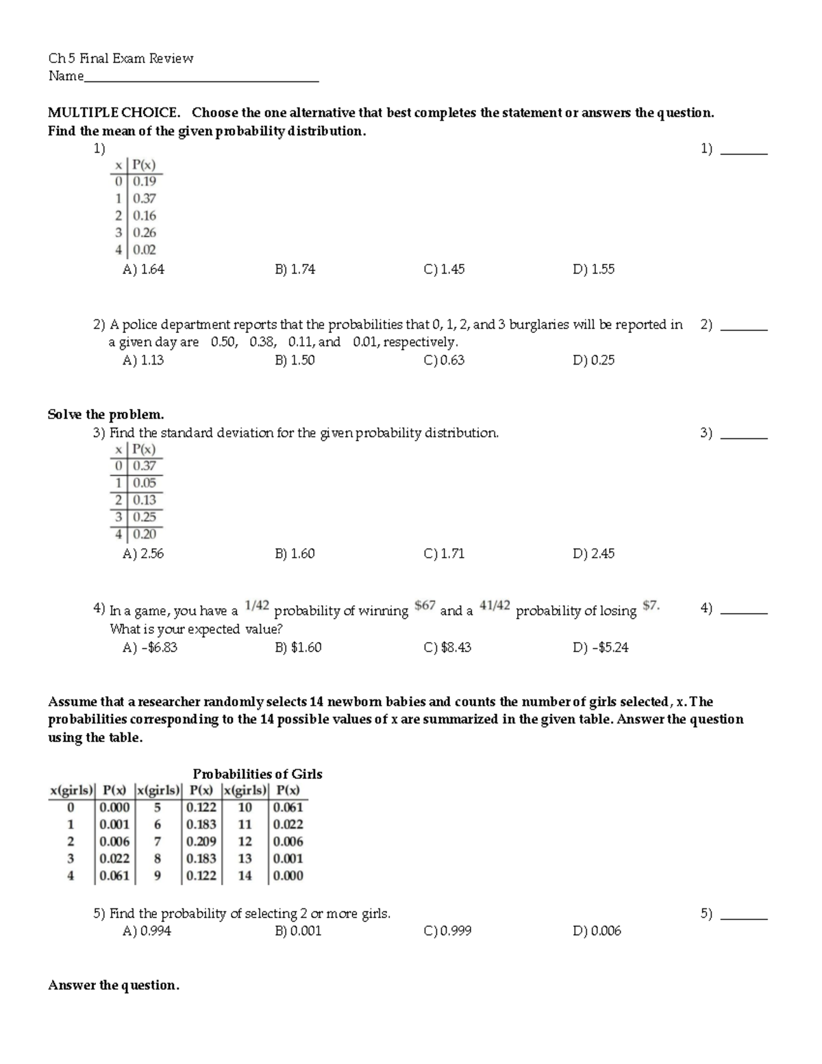 Ch 5 final review - quiz - Ch 5 Final Exam Review MULTIPLE CHOICE ...