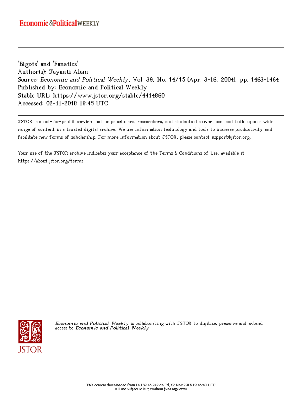 'Bigots' and 'Fanatics' 'Bigots' and 'Fanatics' Author(s) Jayanti