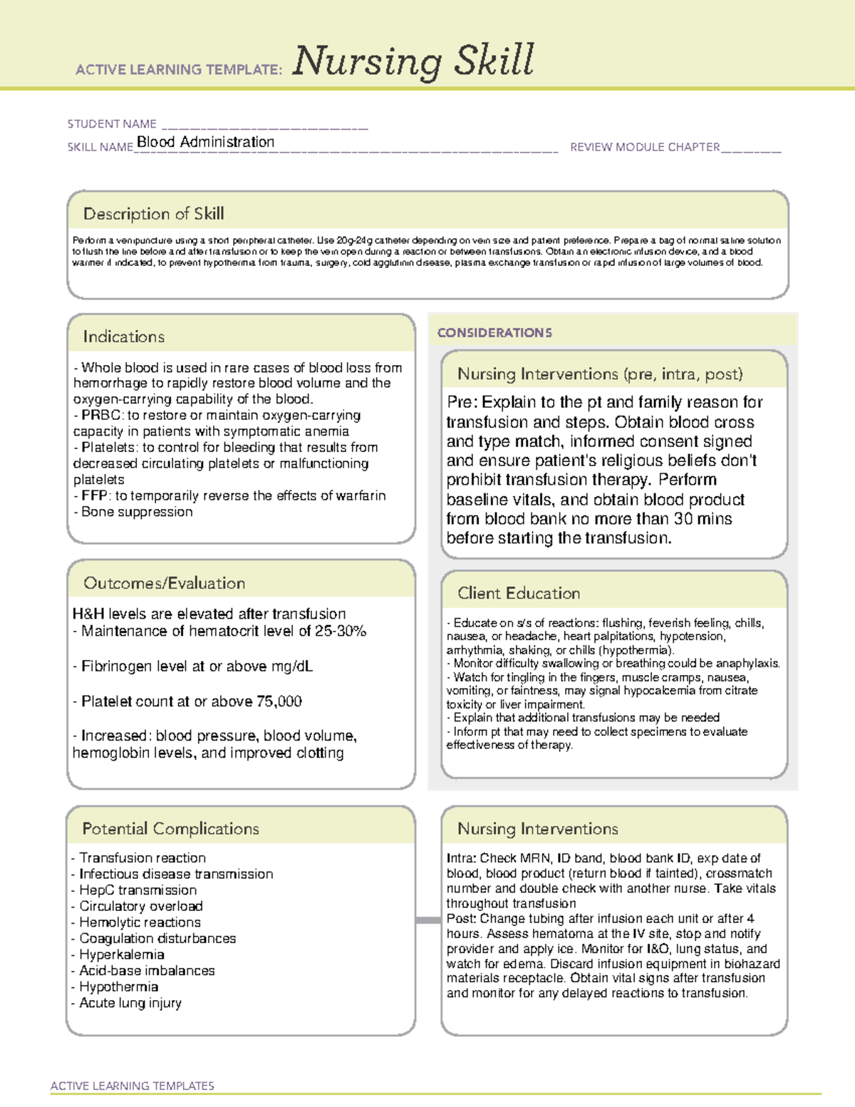 ATI Nursing Skill Blood Administration - ACTIVE LEARNING TEMPLATES ...