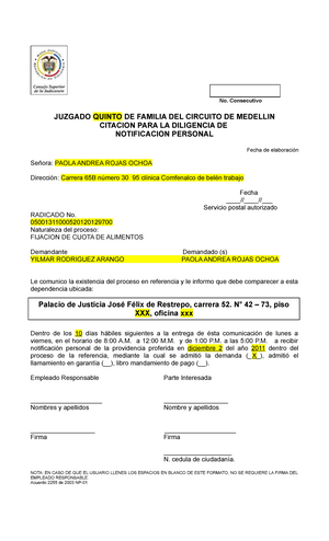 Formato DE Notificación Personal AUTO Admisorio DE Demanda - ______ No.  Consecutivo JUZGADO - Studocu